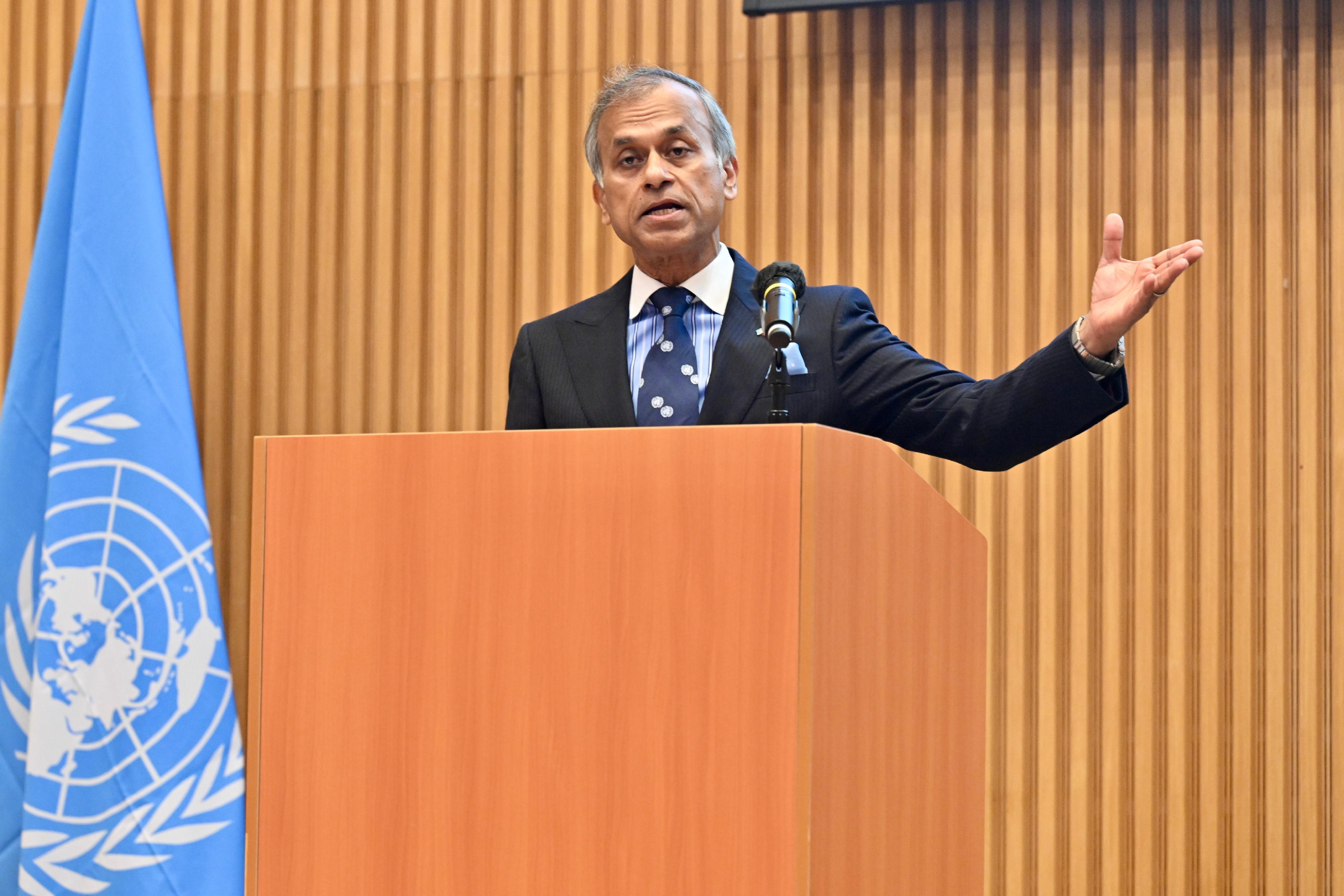 Co- hosted by the Financial Services and the Treasury Bureau and the United Nations (UN) in China, the United Nations Pre-Summit of the Future Dialogue and Hong Kong Financial Services Sector Celebrating the 75th Anniversary of the Founding of the People's Republic of China Lunch Reception was held today (August 22). Photo shows the UN Resident Coordinator for China, Mr Siddharth Chatterjee, delivering opening remarks at the Pre-Summit.