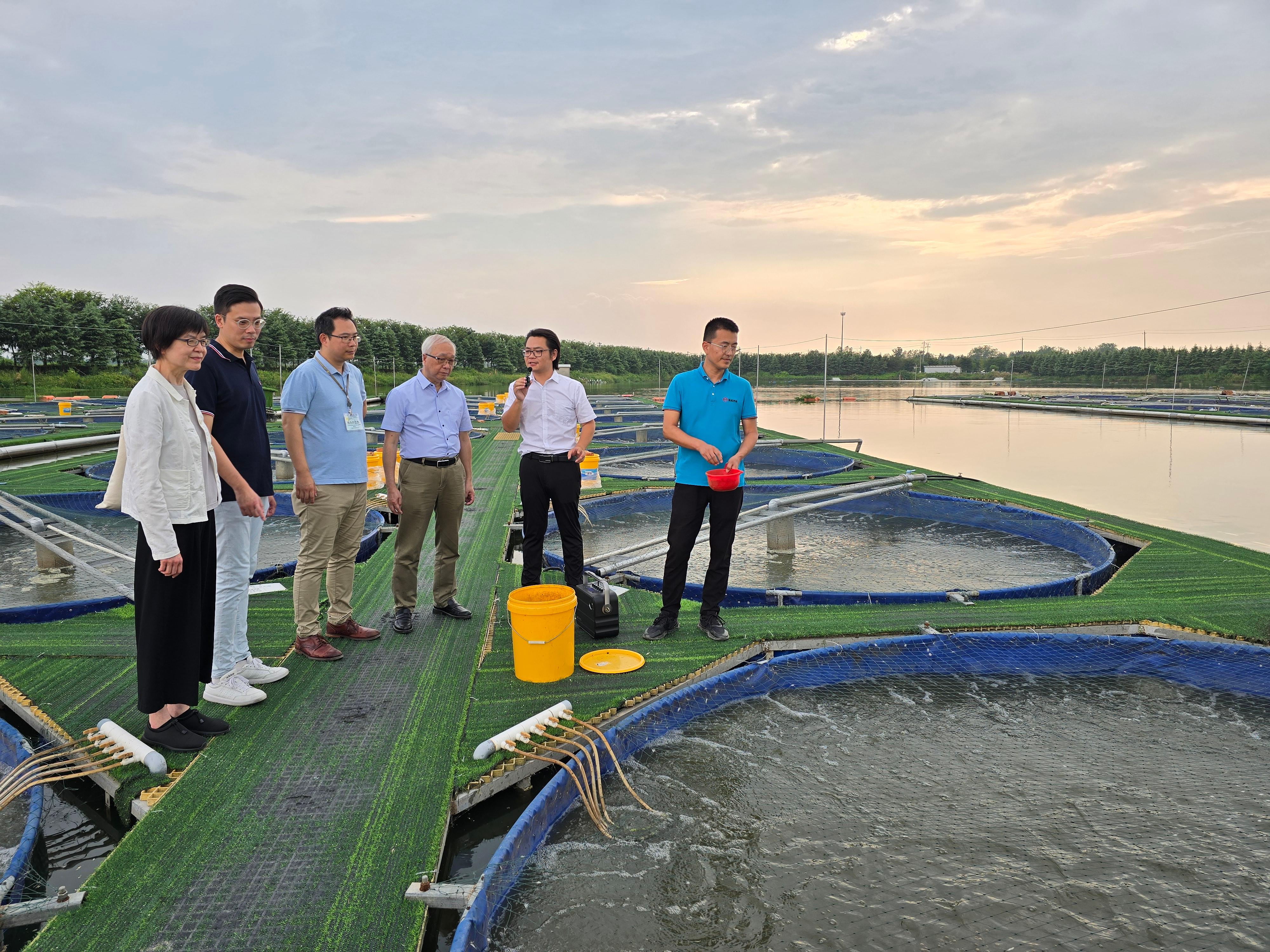 The Secretary for Environment and Ecology, Mr Tse Chin-wan, together with the Legislative Council Panel on Food Safety and Environmental Hygiene, visited the modern fisheries farming facilities and systems at an aquaculture enterprise in Nanjing today (August 23). Photo shows Mr Tse (third right); the Chairman of the Panel, Mr Yang Wing-kit (third left); and the Permanent Secretary for Environment and Ecology (Food), Miss Vivian Lau (first left), and members of the delegation being briefed by a staff member on their work in aquaculture.