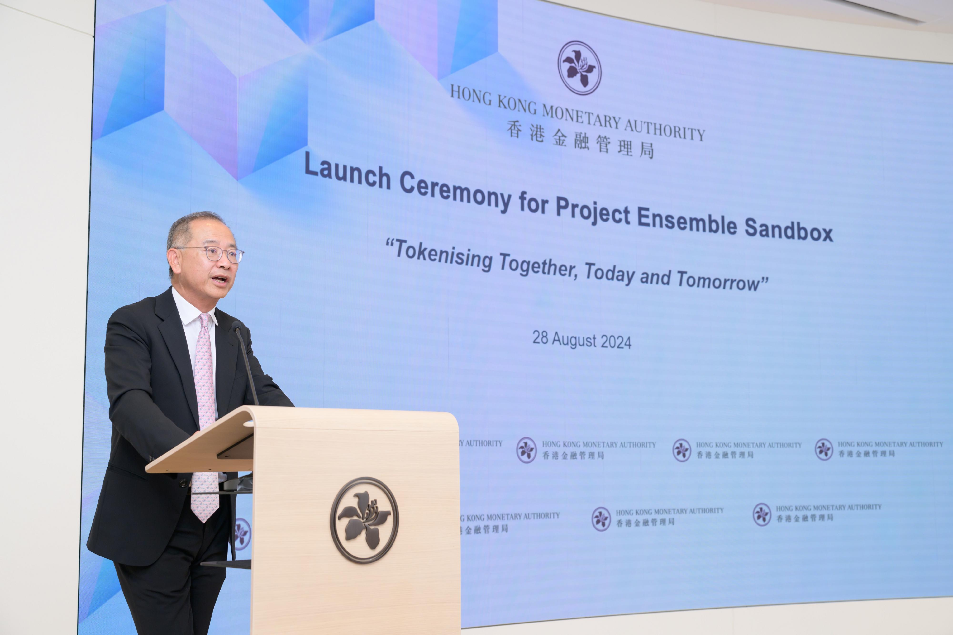 The Hong Kong Monetary Authority (HKMA) hosted today (August 28) the launch ceremony for Project Ensemble Sandbox. Photo shows the Chief Executive of the HKMA, Mr Eddie Yue, delivering opening remarks at the launch ceremony, introducing the four main themes of asset tokenisation use cases.