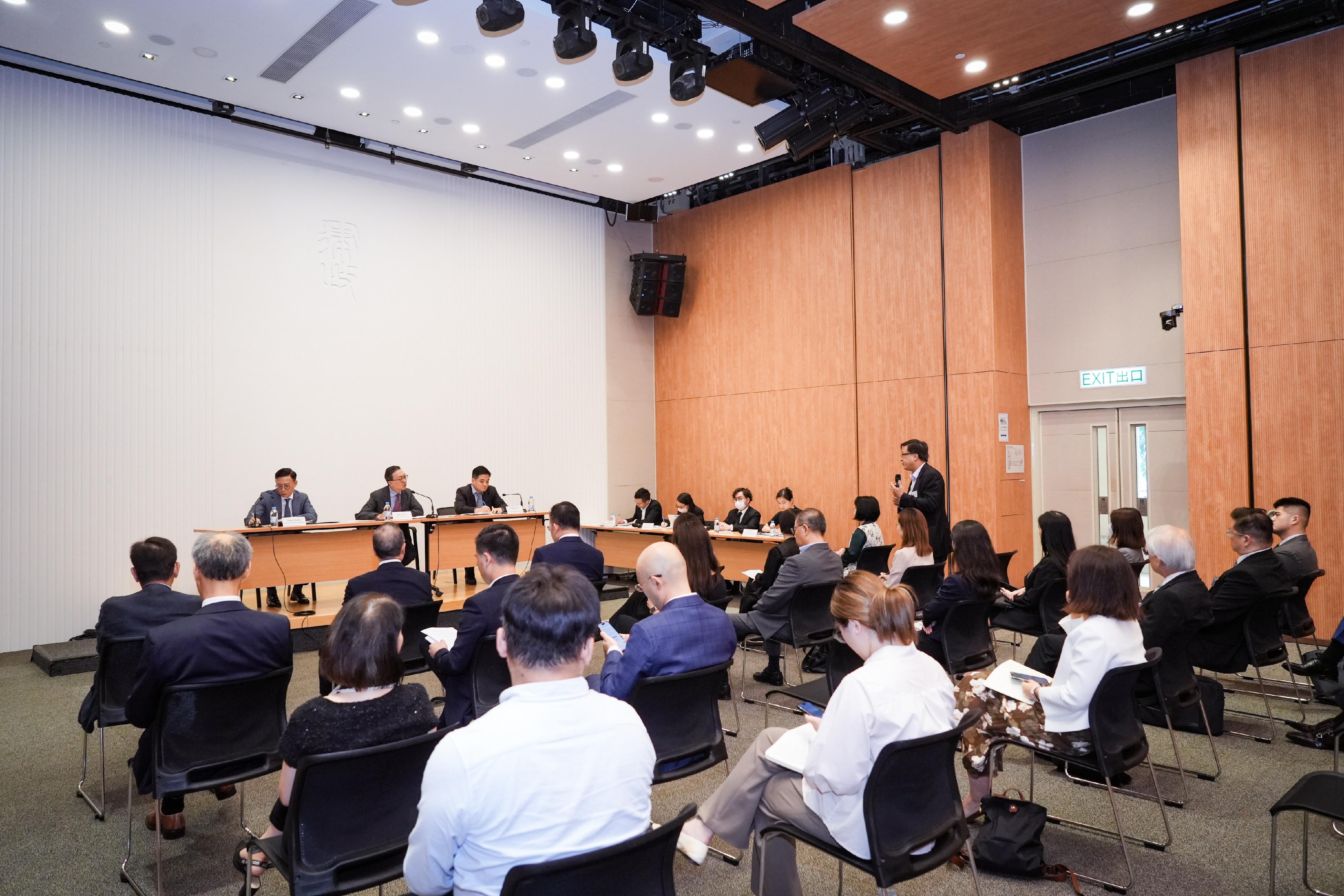 The Department of Justice held a 2024 Policy Address consultation session entitled "International Legal and Dispute Resolution Services Centre" today (August 29) at Justice Place. Photo shows the Secretary for Justice, Mr Paul Lam, SC; the Deputy Secretary for Justice, Mr Cheung Kwok-kwan; and the Head of the Chief Executive's Policy Unit, Dr Stephen Wong, listening to the views and suggestions from the legal and dispute resolution sectors on the upcoming Policy Address at the session.