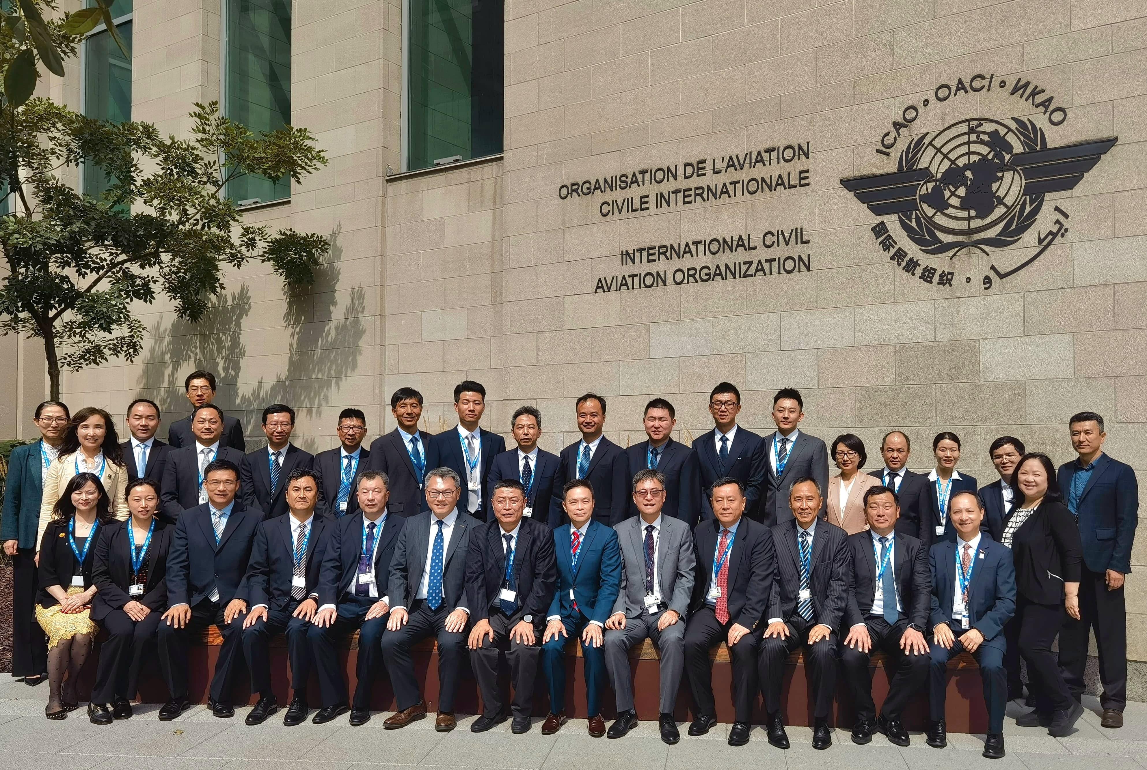 The Director-General of Civil Aviation, Mr Victor Liu (front row, sixth left), leading the Civil Aviation Department representatives to attend the International Civil Aviation Organization 14th Air 
Navigation Conference in Montreal, Canada, as part of the China delegation, is pictured with Deputy Administrator of the Civil Aviation Administration of China Mr Ma Bing (front row, seventh left), the President of the Civil Aviation Authority of the Macao Special Administrative Region, Mr Pun Wa-kin (front row, sixth right), and members of the China delegation.
