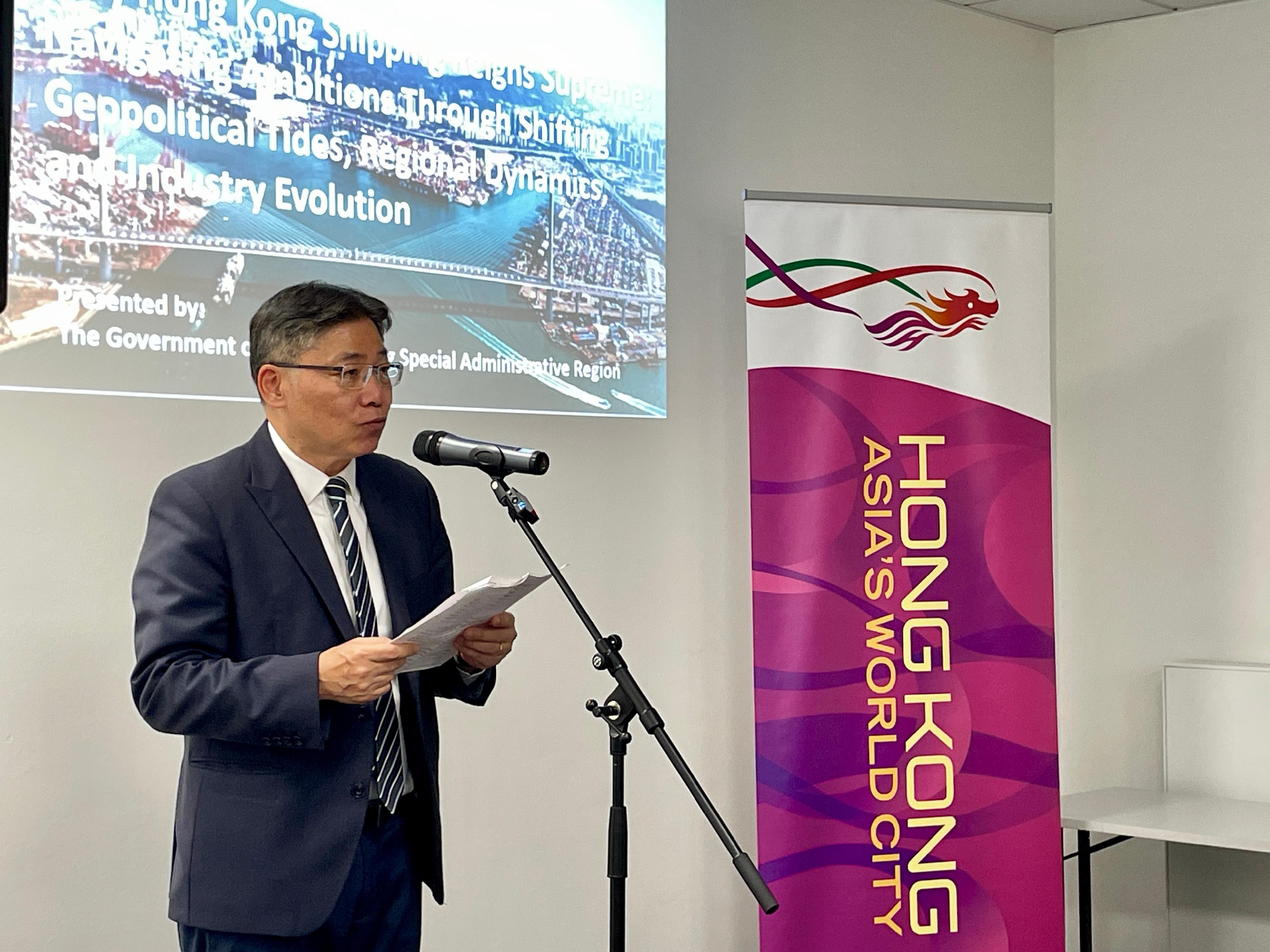 The Secretary for Transport and Logistics, Mr Lam Sai-hung, who is also the Chairman of the Hong Kong Maritime and Port Board (HKMPB), led a delegation of HKMPB members to Hamburg, Germany. Photo shows Mr Lam giving a speech at a speaking session at the Shipbuilding, Machinery and Marine Technology (SMM) trade fair 2024 in Hamburg today (September 3, Hamburg time), to update the international maritime community on the latest development of Hong Kong’s maritime industry.