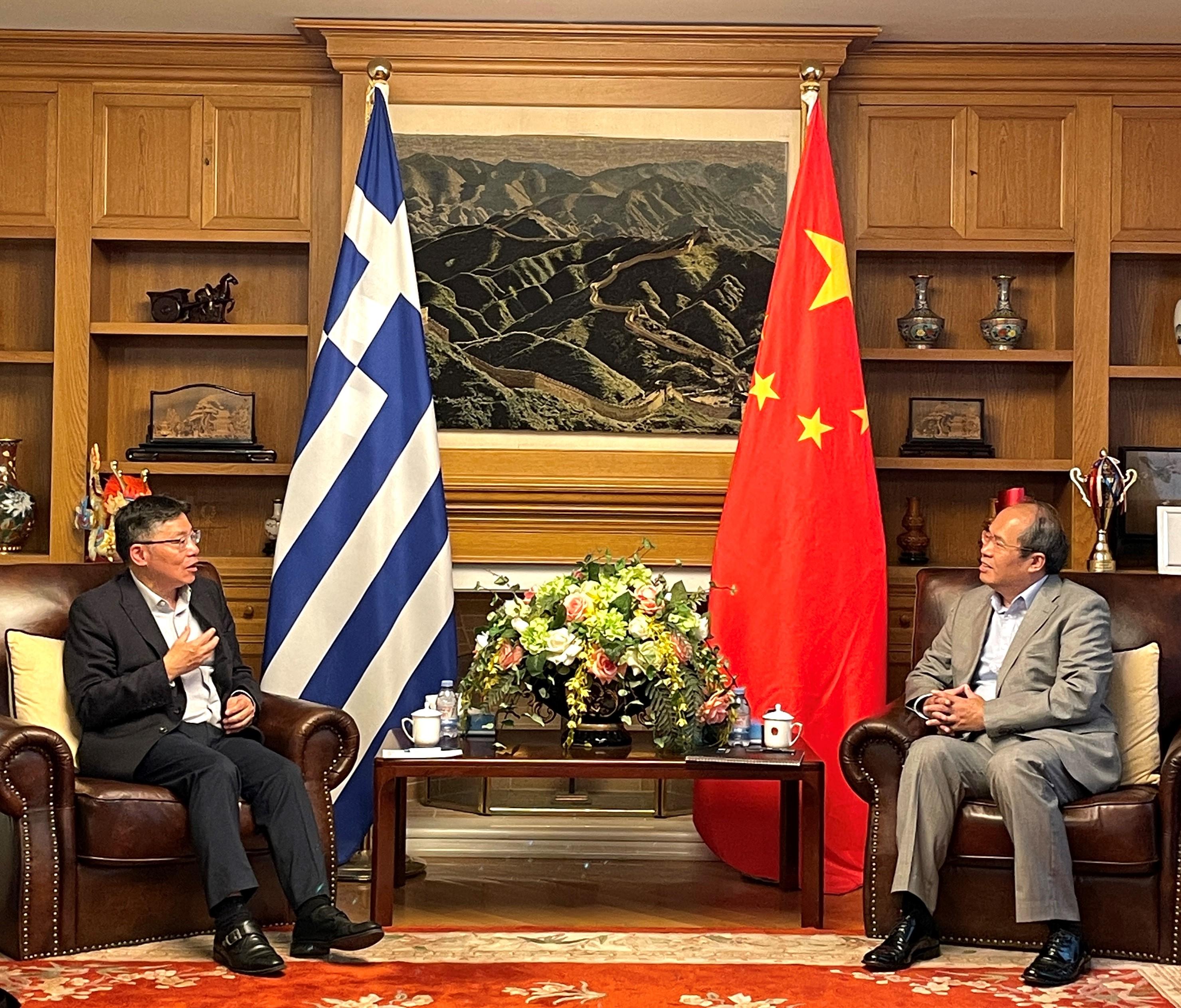 The Secretary for Transport and Logistics and Chairman of the Hong Kong Maritime and Port Board (HKMPB), Mr Lam Sai-hung, continued his visit to Athens, Greece, today (September 6, Athens time) with a delegation of HKMPB members. Photo shows Mr Lam (left) paying a courtesy call on the Chinese Ambassador to Greece, Mr Xiao Junzheng (right), to give him an update on the latest developments of Hong Kong's maritime industry.