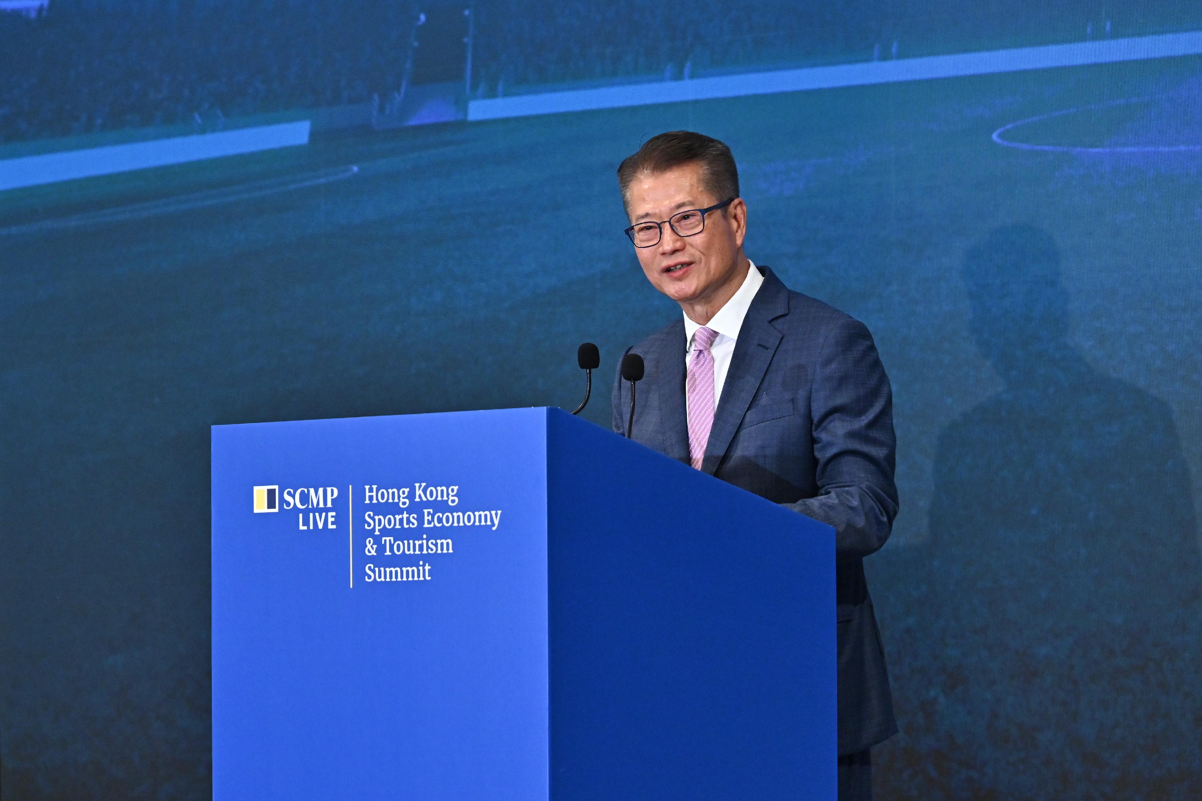 The Financial Secretary, Mr Paul Chan, speaks at the Hong Kong Sports Economy & Tourism Summit organised by the South China Morning Post today (September 6).