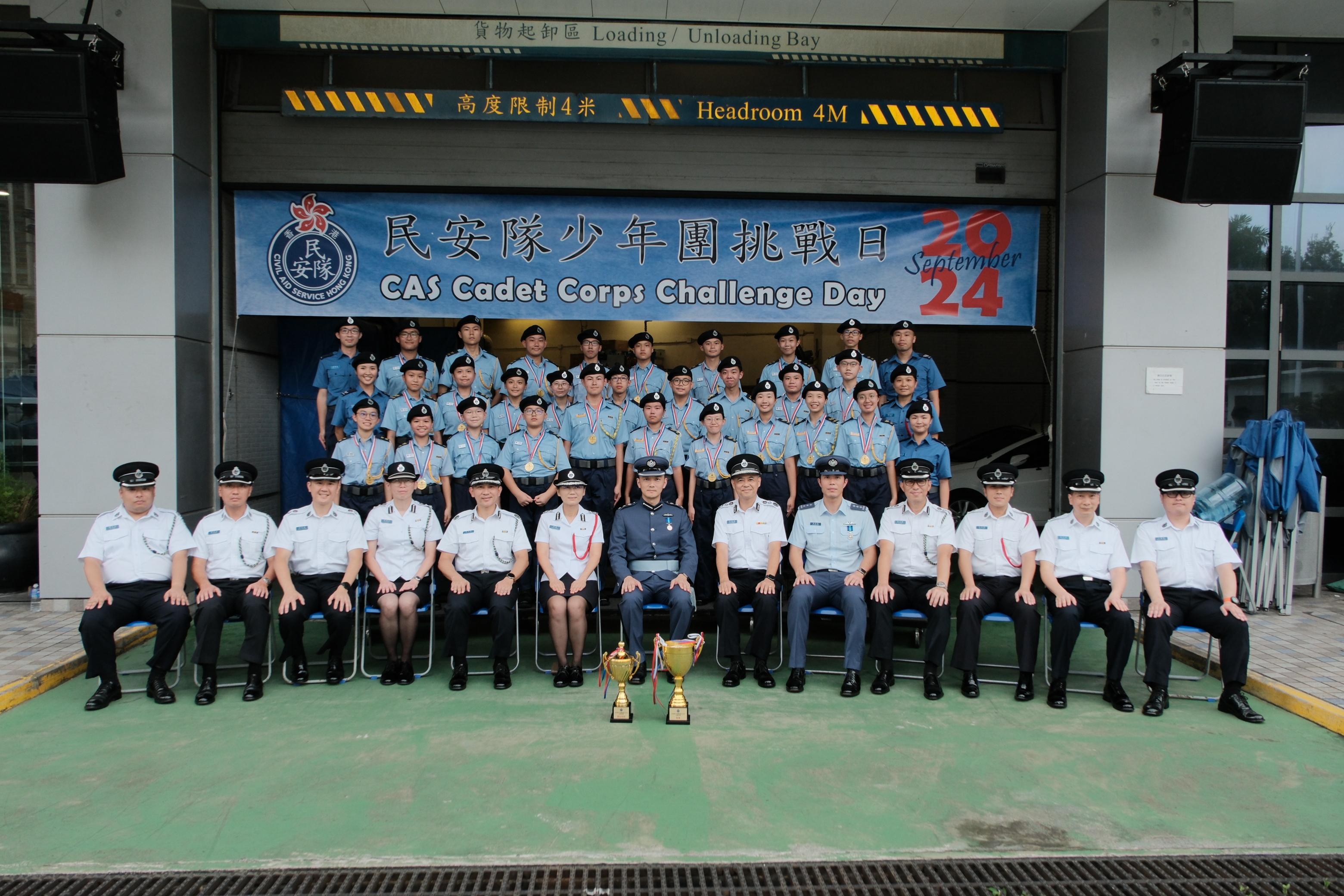 The Civil Aid Service Cadet Corps Challenge Day 2024 was held today (September 8). Photo shows the Chief Pilot (Operations) of the Government Flying Service, Mr Eddie Liu (front row, centre), and representatives of the winning team.