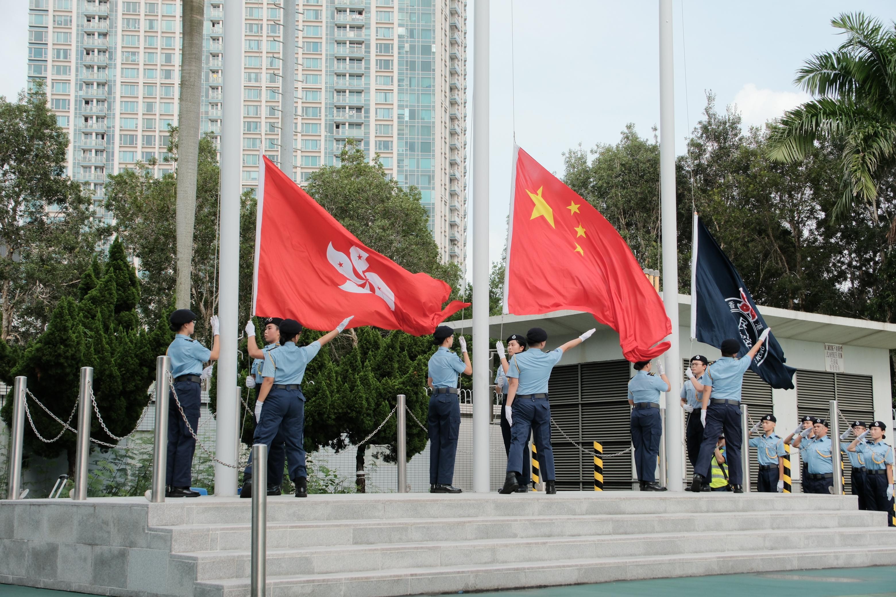 The Civil Aid Service Cadet Corps Challenge Day 2024 was held today (September 8). Photo shows the Cadet Corps Guard of Honour performing a flag-raising ceremony.
