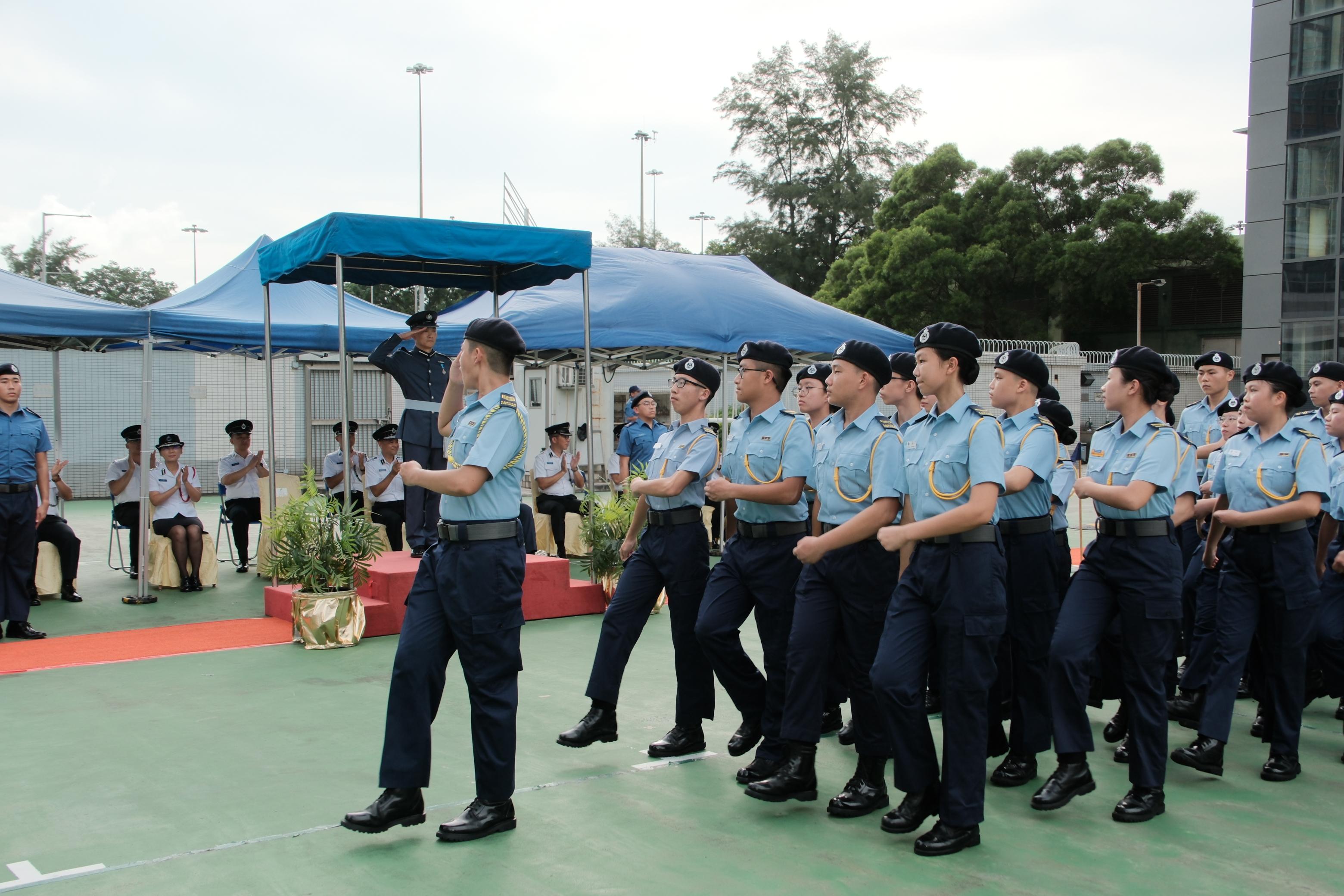 The Civil Aid Service Cadet Corps Challenge Day 2024 was held today (September 8). Photo shows a participating team performing a foot drill with synchronised movements.
