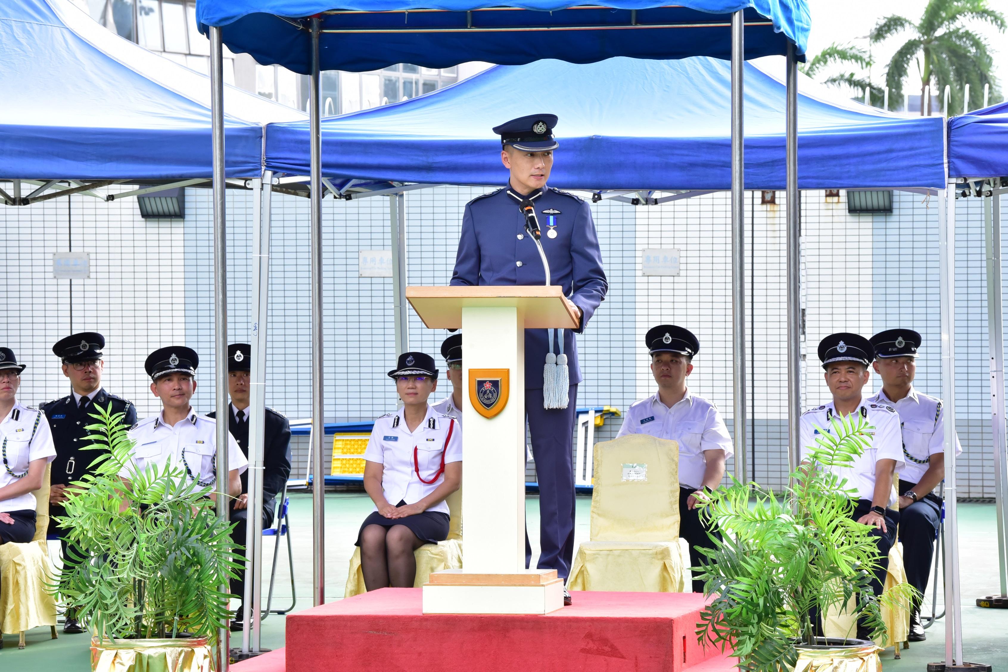 The Chief Pilot (Operations) of the Government Flying Service, Mr Eddie Liu, delivers a speech at the Civil Aid Service Cadet Corps Challenge Day 2024 today (September 8).
