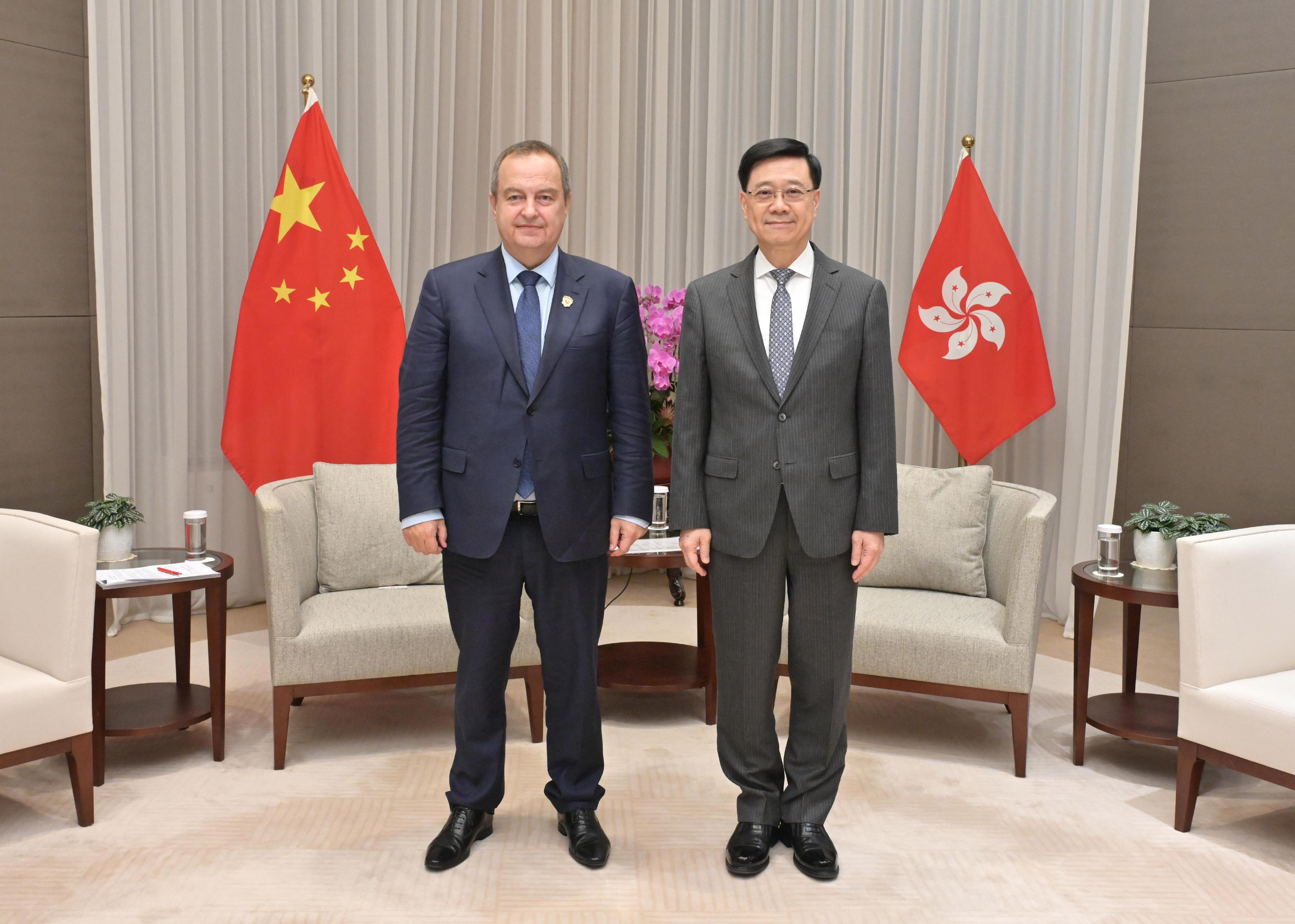 The Chief Executive, Mr John Lee (right), meets with the visiting Deputy Prime Minister and Minister of the Interior of Serbia, Mr Ivica Dai, today (September 13).