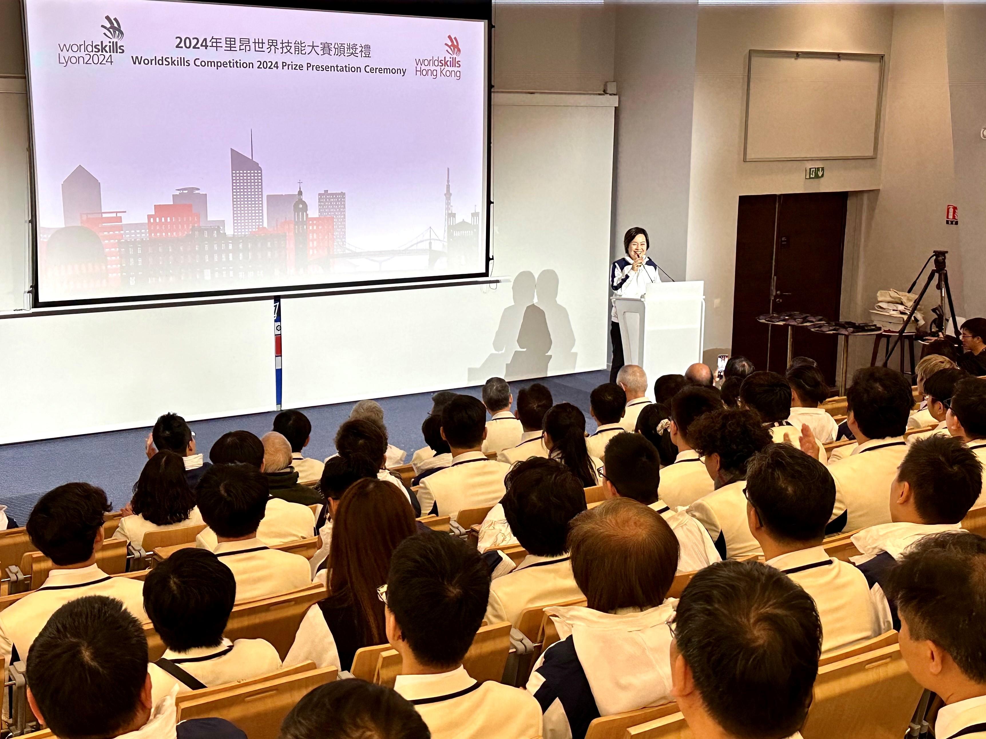 The Secretary for Education, Dr Choi Yuk-lin, addresses the prize presentation ceremony for the Hong Kong, China delegation to WorldSkills Lyon 2024 in Lyon, France, on September 15 (France time). 