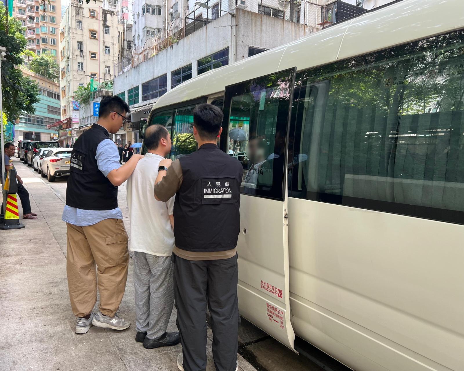 The Immigration Department mounted a series of territory-wide anti-illegal worker operations codenamed "Contribute" and "Twilight", and joint operations with the Hong Kong Police Force codenamed "Champion" and "Windsand", on September 16, 17, and yesterday (September 19). Photo shows a suspected illegal worker arrested during an operation.