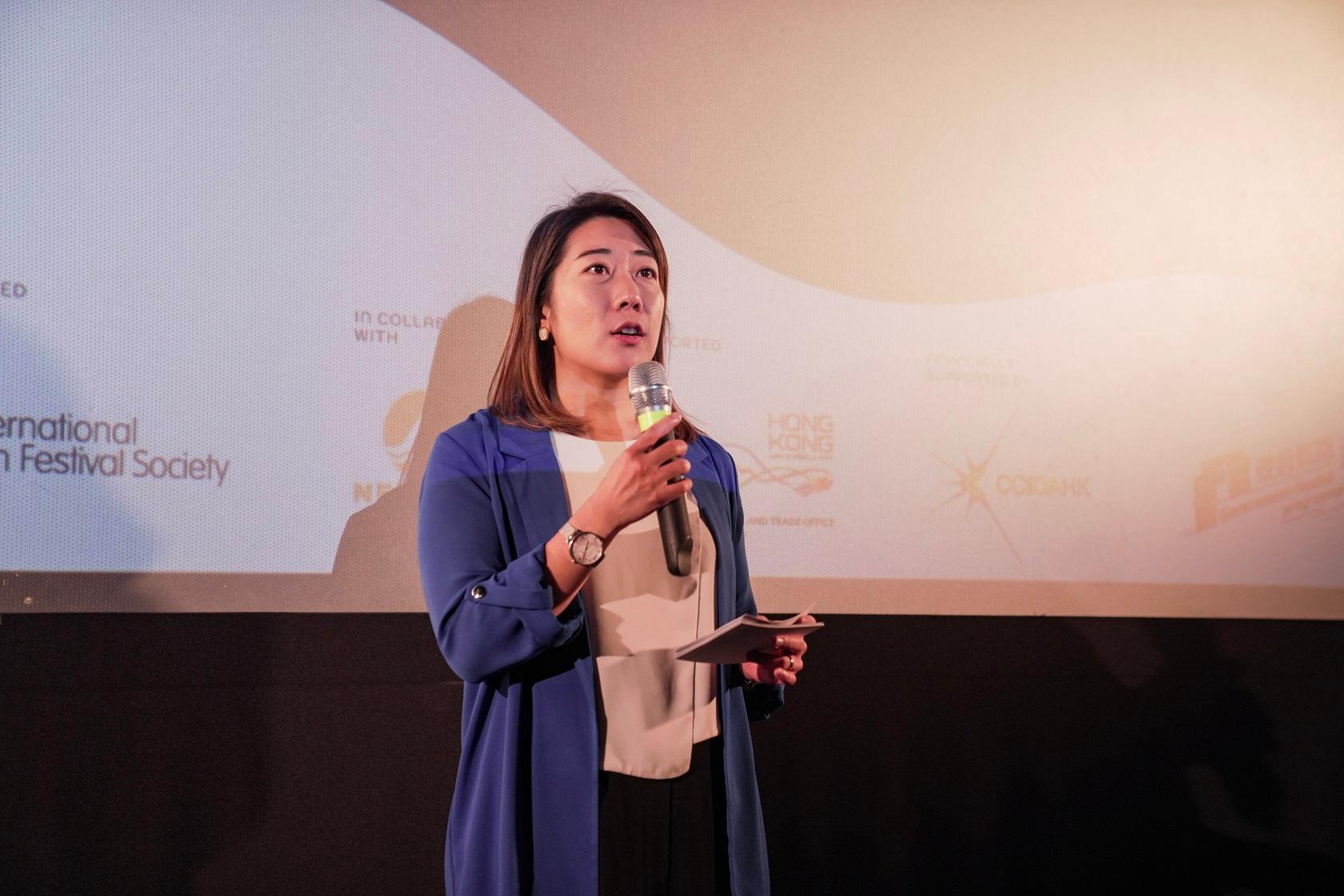 The Director of the Hong Kong Economic and Trade Office, Berlin, Miss Jenny Szeto, speaks before the screening of opening film at the Making Waves - Navigators of Hong Kong Cinema film festival in Berlin on September 20 (Berlin time).