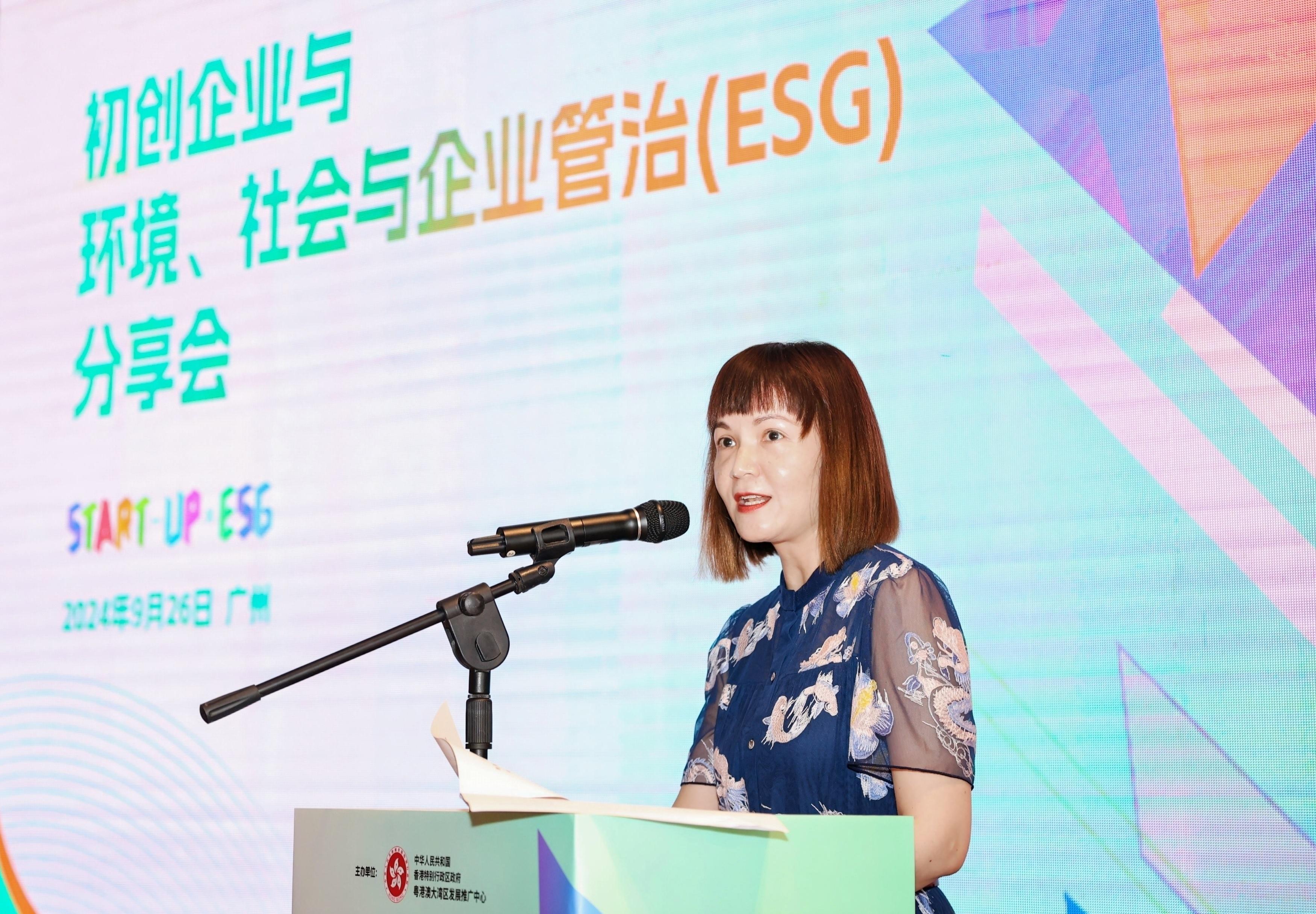 The Commissioner for the Development of the Guangdong-Hong Kong-Macao Greater Bay Area, Ms Maisie Chan, delivers a welcome speech at the luncheon sharing session on Start-ups and Environmental, Social and Corporate Governance (ESG) in Guangzhou today (September 26).