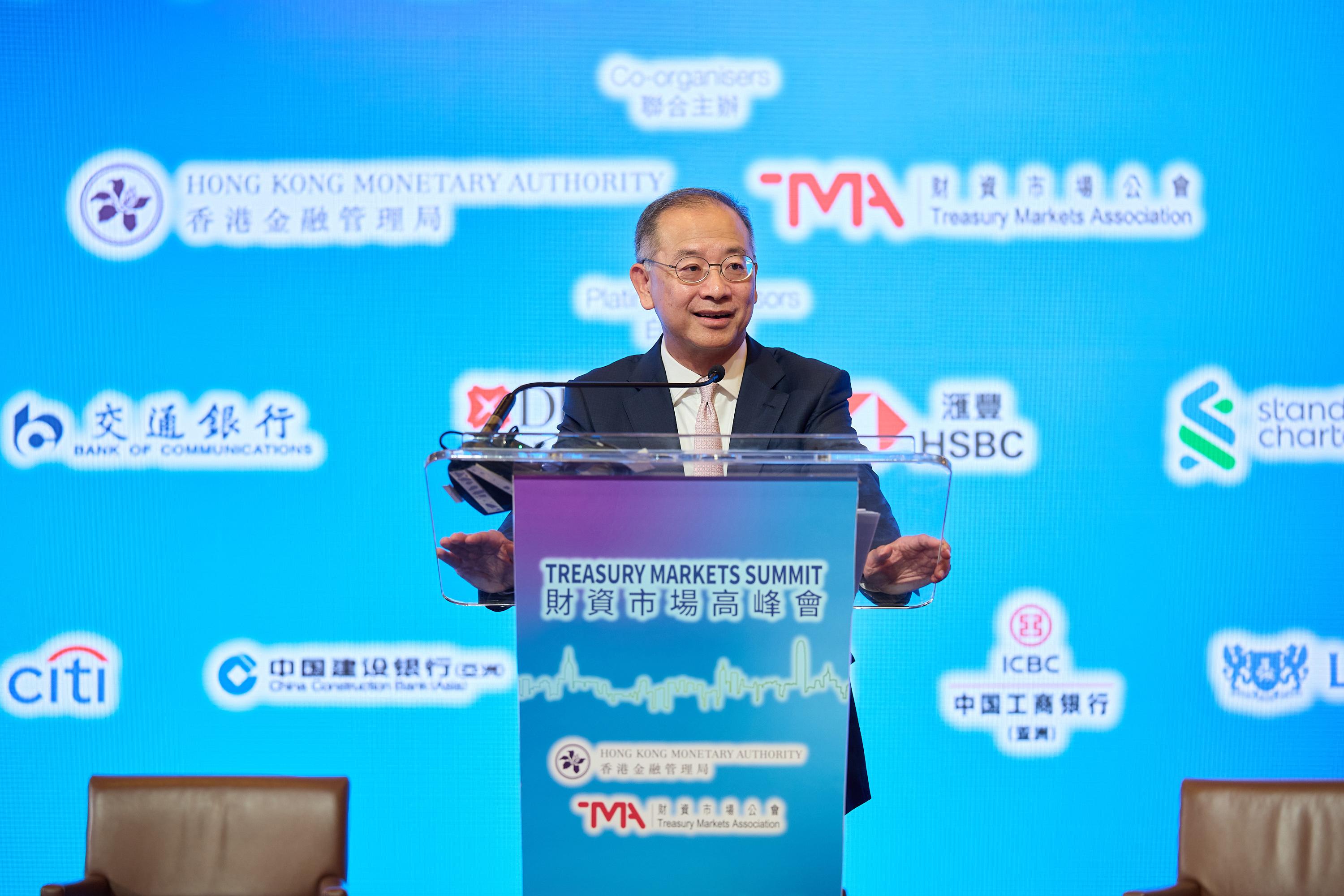 The Chief Executive of the Hong Kong Monetary Authority and Honorary President of the Treasury Markets Association Council, Mr Eddie Yue, delivers keynote address at the Treasury Markets Summit 2024 held in Hong Kong today (September 27).