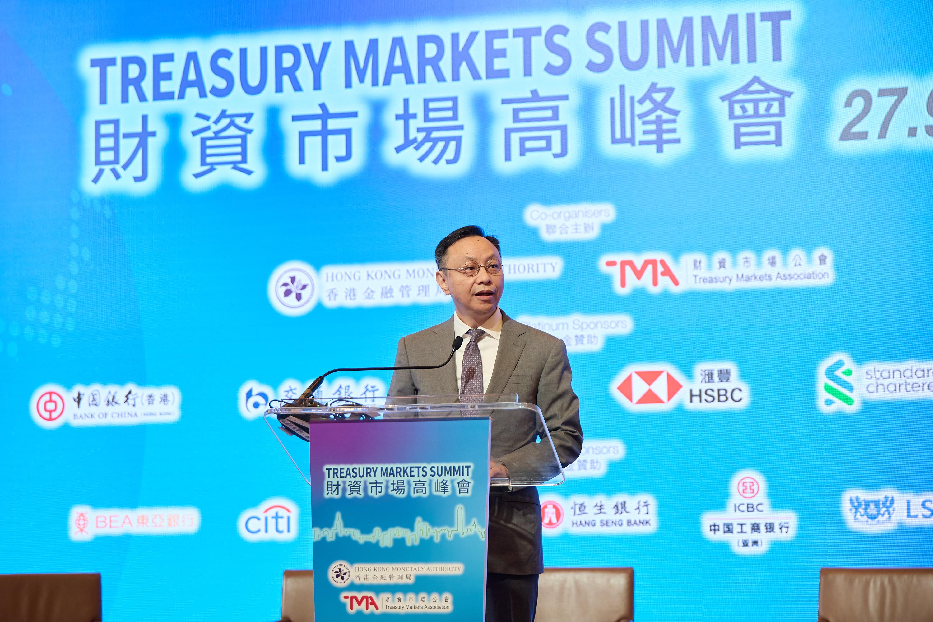 Deputy Chief Executive of the Hong Kong Monetary Authority and Chair of the Treasury Markets Association Executive Board, Mr Darryl Chan, gives the opening remarks at the Treasury Markets Summit 2024 held in Hong Kong today (September 27).