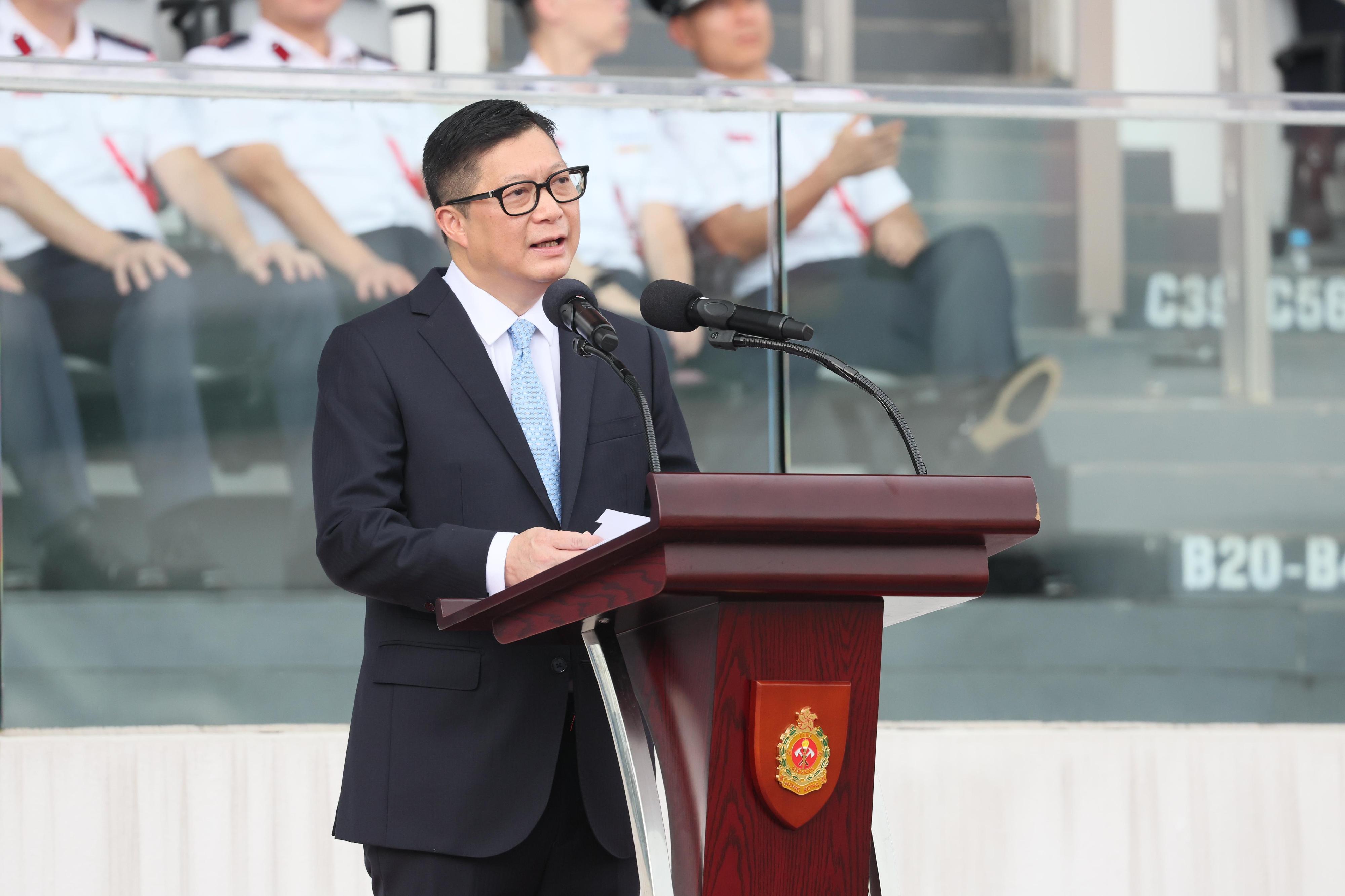 The Secretary for Security, Mr Tang Ping-keung, reviewed the Fire and Ambulance Services Teen Connect Rally in Celebration of the 75th Anniversary of the Founding of the People's Republic of China held by the Fire Services Department today (September 28). Photo shows Mr Tang delivering a speech.