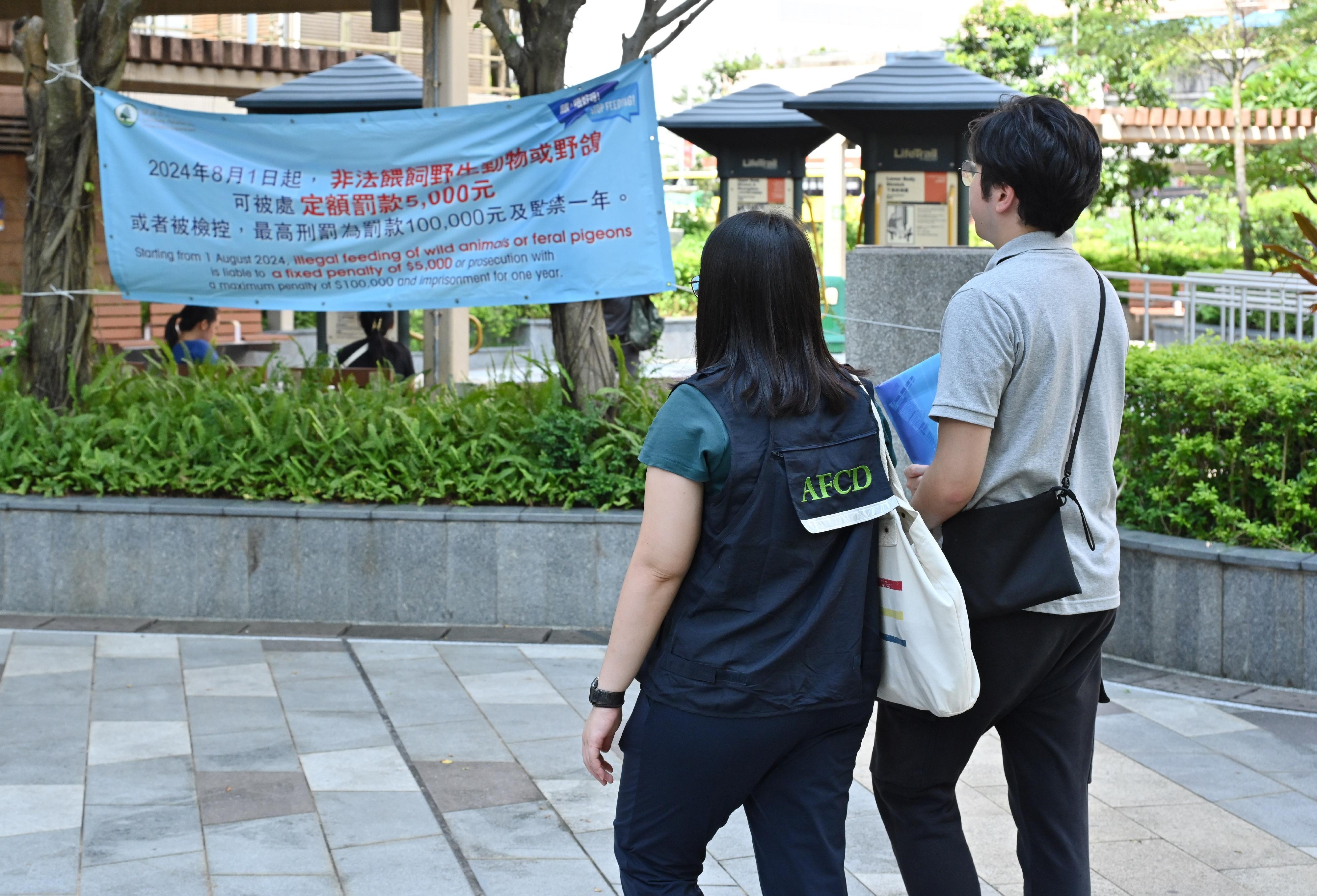 漁護署聯同康樂及文化事務署人員進行聯合執法行動，打擊非法餵飼活動。