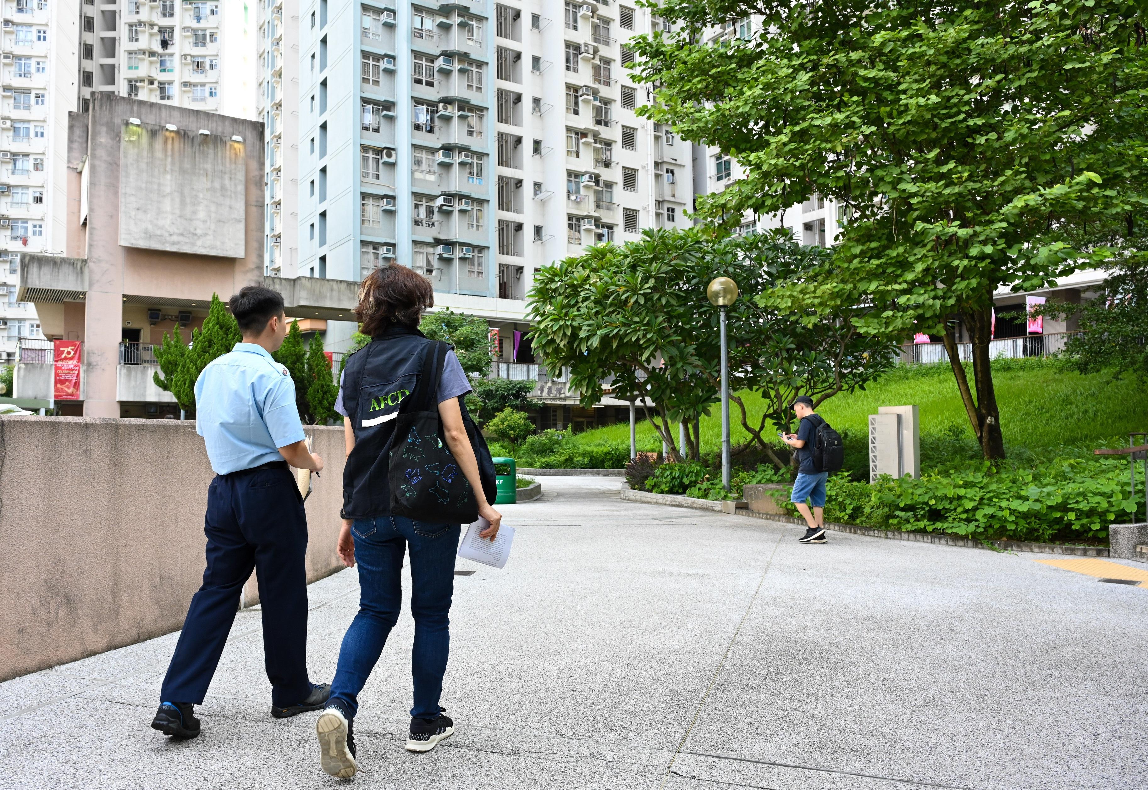 漁護署聯同房屋署人員進行聯合執法行動，打擊非法餵飼活動。