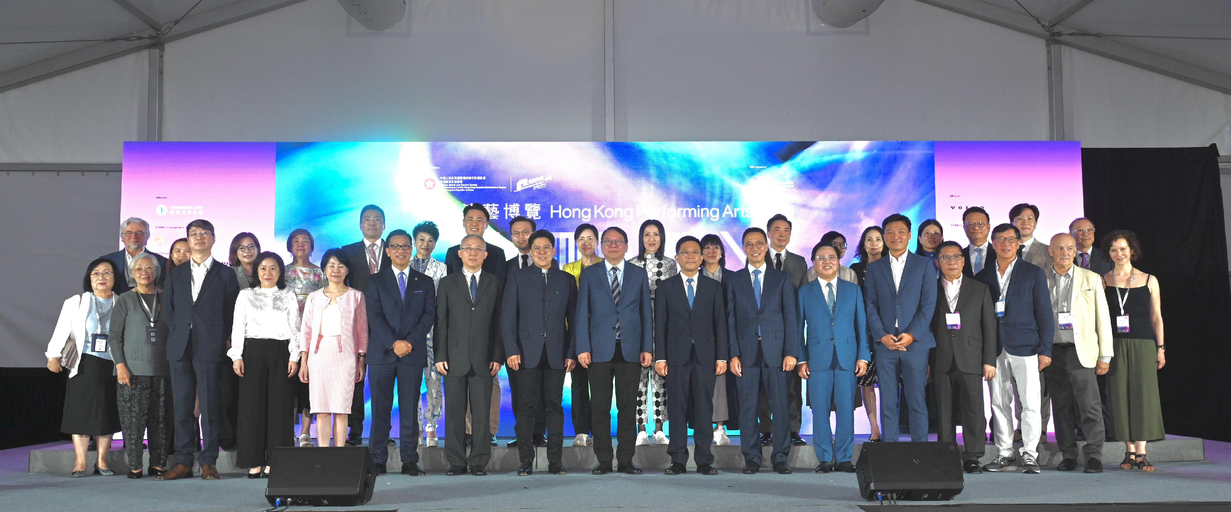 The Chief Secretary for Administration, Mr Chan Kwok-ki, attended the opening ceremony of the Hong Kong Performing Arts Expo hosted by the Hong Kong Arts Development Council (HKADC) today (October 14). Photo shows (front row, from sixth left) the Vice-Chairman of the HKADC, Dr Frankie Yeung; Deputy Commissioner of the Office of the Commissioner of the Ministry of Foreign Affairs of the People's Republic of China in the Hong Kong Special Administrative Region (HKSAR) Mr Li Yongsheng; the Chairman of the HKADC, Mr Kenneth Fok; Mr Chan; the Secretary General of the Liaison Office of the Central People's Government in the HKSAR, Mr Wang Songmiao; the Secretary for Culture, Sports and Tourism, Mr Kevin Yeung; the Chairman of the Hong Kong Arts Development Fund Advisory Committee, Dr Wilfred Wong, and other guests at the ceremony.