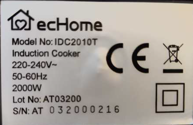 The Electrical and Mechanical Services Department today (October 17) removed an induction cooker model (Brand: ecHome; Model: IDC2010T) from the record of listed models under the Energy Efficiency (Labelling of Products) Ordinance. Photo shows the product label on the induction cooker model.