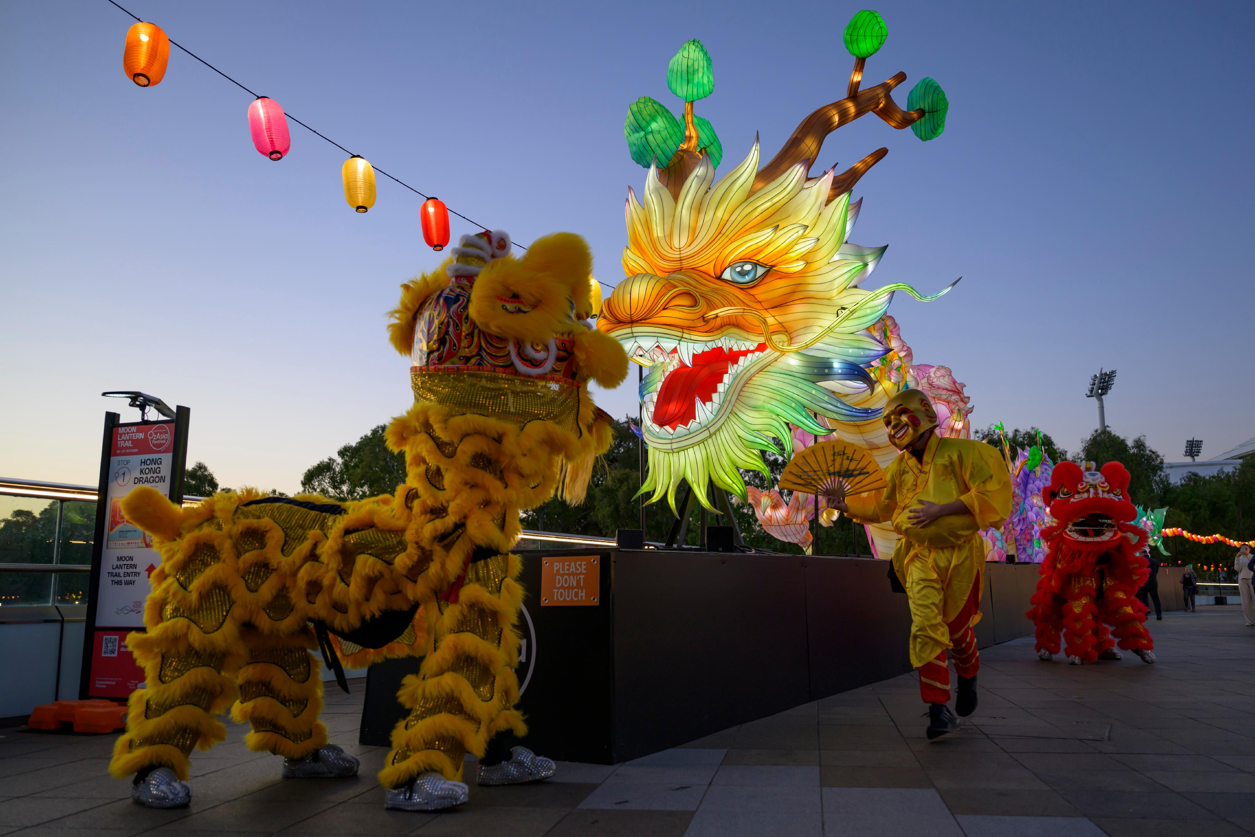 香港驻悉尼经济贸易办事处与阿德莱德艺术中心合作，在澳洲阿德莱德澳亚艺术节呈献全新香港飞龙彩灯。图示舞狮表演以庆祝新香港飞龙彩灯首次展出。
