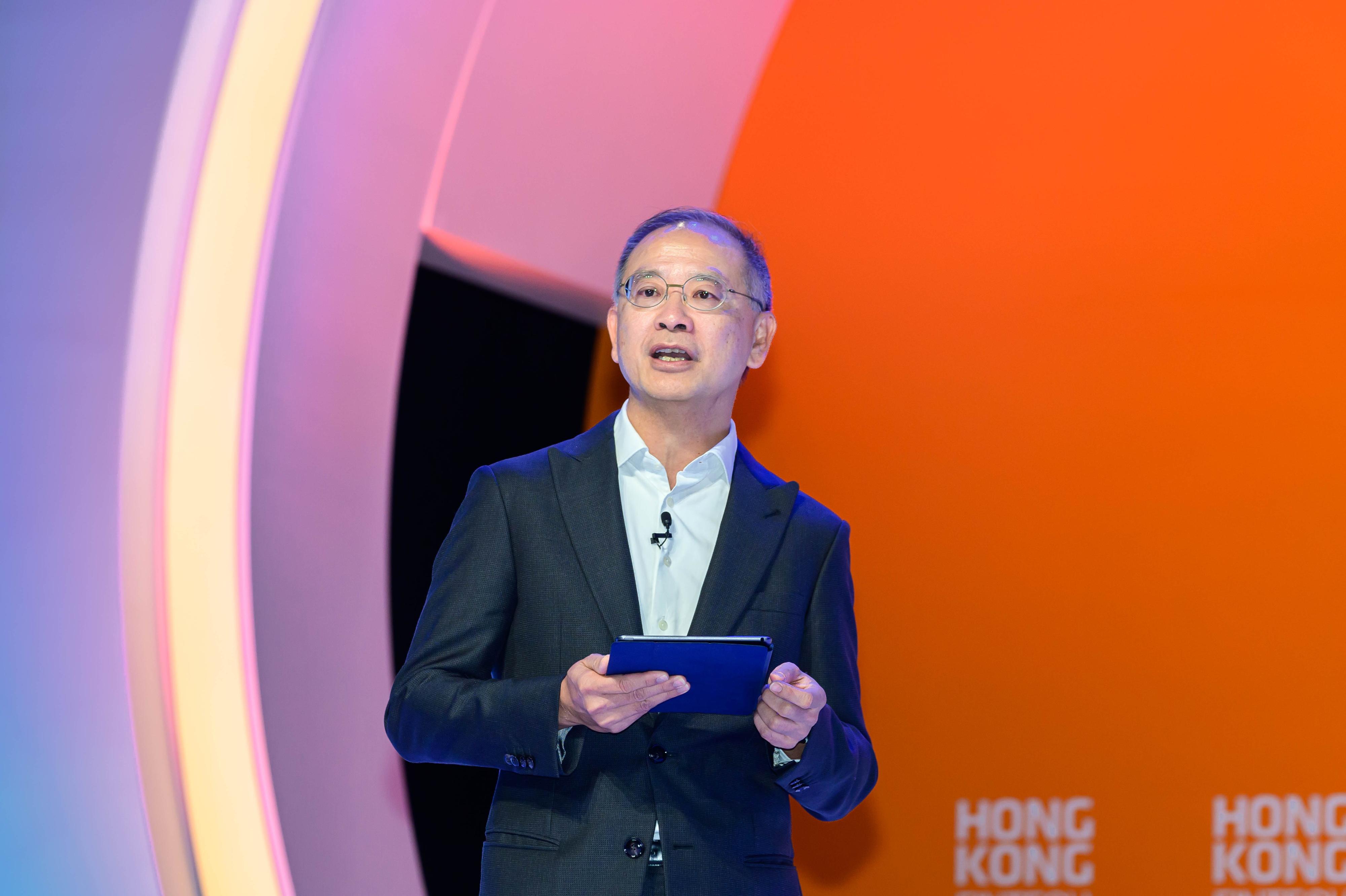 The Hong Kong Monetary Authority (HKMA) today (October 28) co-organised Hong Kong FinTech Week 2024 with the InvestHK. Photo shows the Chief Executive of the HKMA, Mr Eddie Yue, delivering a keynote address at the Hong Kong FinTech Week 2024.