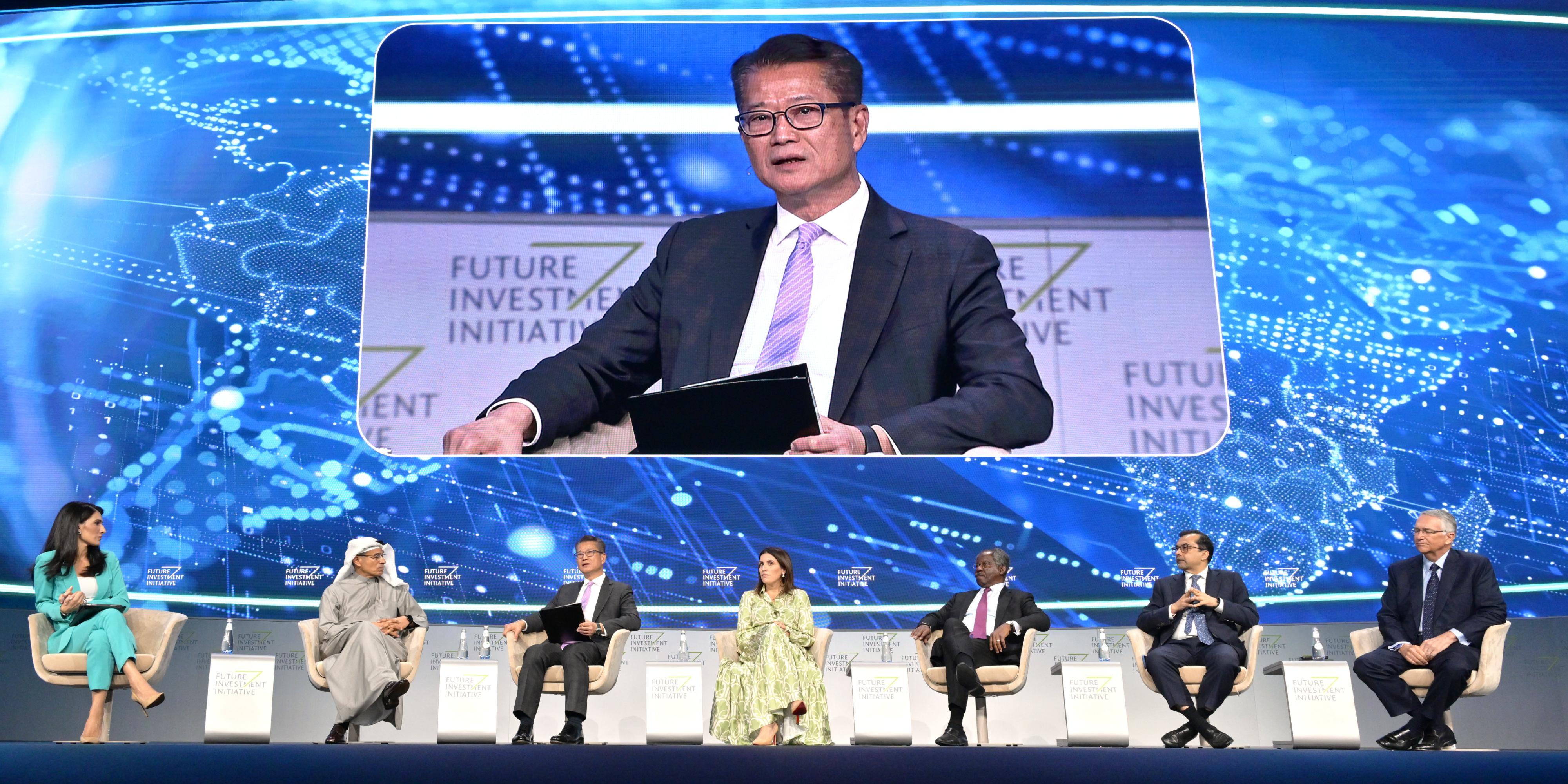 The Financial Secretary, Mr Paul Chan, led a delegation from the financial and innovation sectors on a visit to Riyadh, Saudi Arabia on October 29 (Riyadh time). Photo shows Mr Chan (third left) attending the Future Investment Initiative and speaking at the thematic discussion session titled "Is the Global South Now the Engine of Growth?"