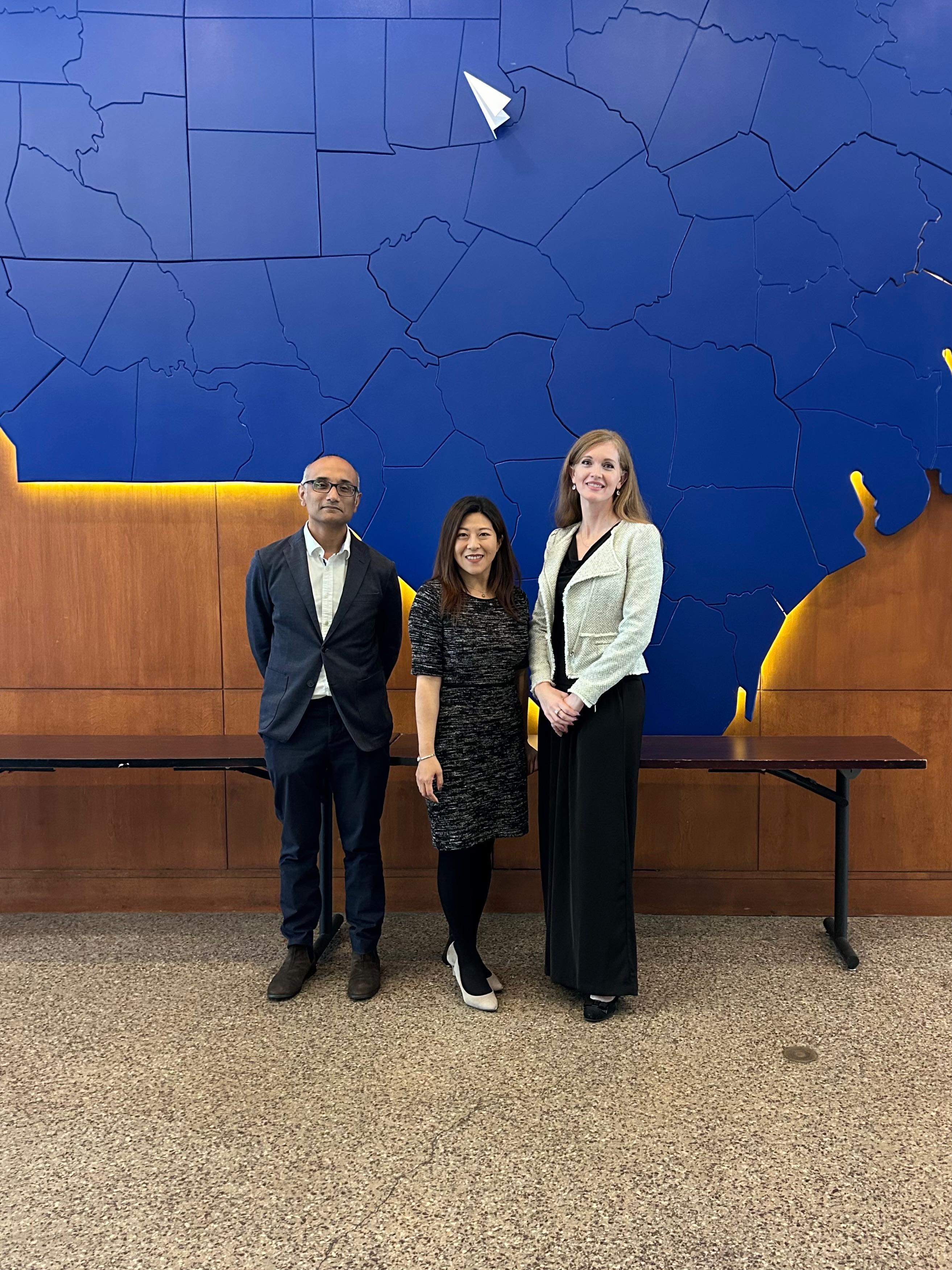 The Director of Hong Kong Economic and Trade Office, New York, Ms Maisie Ho, visited Raleigh, North Carolina, on October 28 and 29 (Raleigh time), to strengthen business ties with local business, technology and education interlocutors. Photo shows Ms Ho (centre) with the Chief Executive Officer and President of First Flight Venture Centre, Ms Krista Covey (right), and the Head of Business and Talent Attraction / Invest Promotion of Invest Hong Kong, Mr Ranjit Unnithan (left).