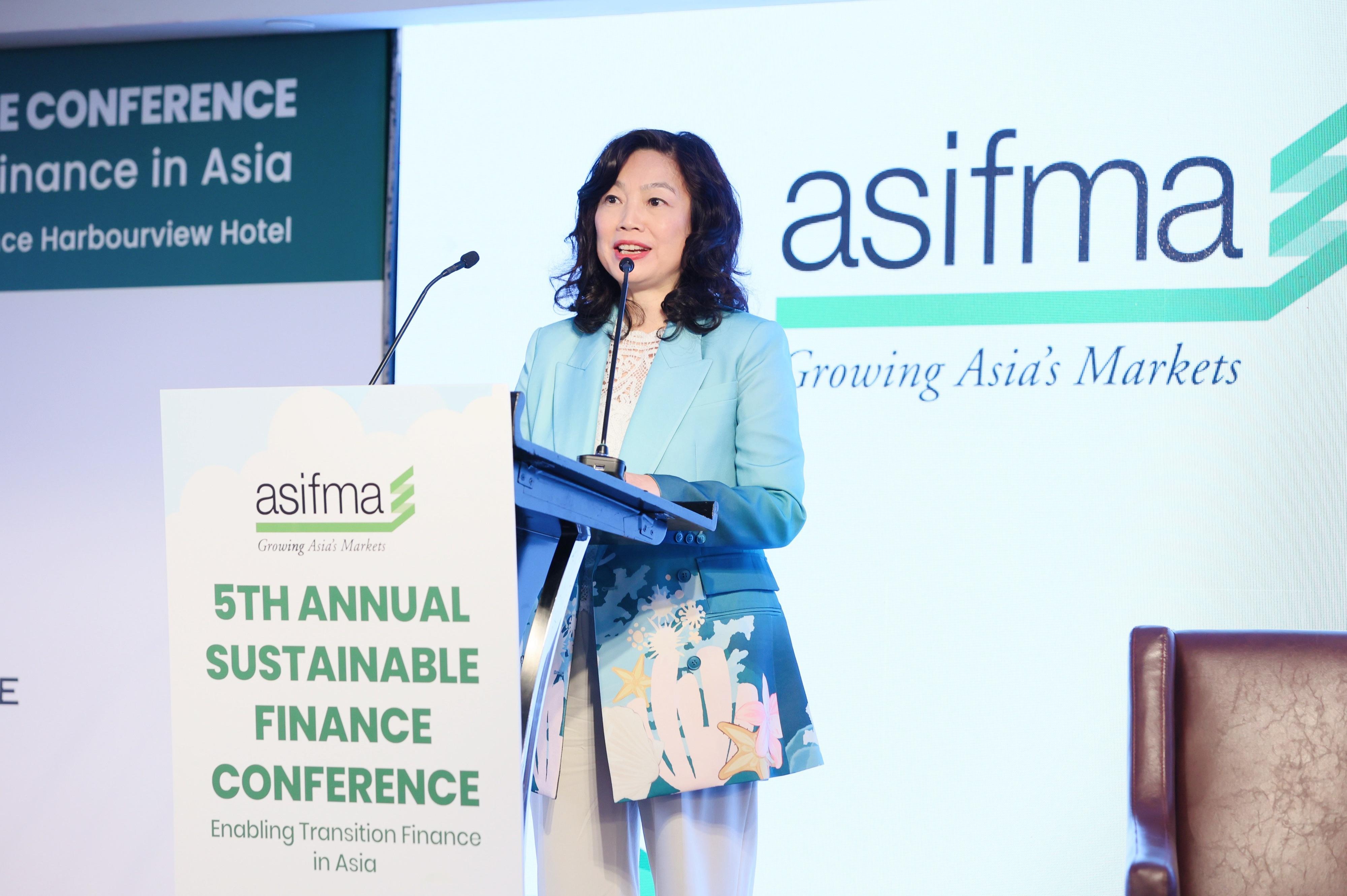 The Permanent Secretary for Financial Services and the Treasury (Financial Services), Ms Salina Yan, delivers her opening address at the ASIFMA's 5th Annual Sustainable Finance Conference today (October 30).