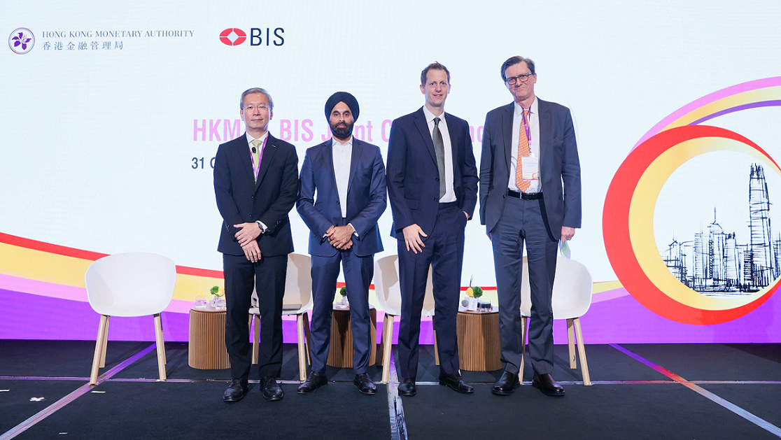 The Chair of Operational Resilience Group, Basel Committee on Banking Supervision and Executive Director and Chief Cyber Security Officer, Technology and Cyber Risk Supervision Department of the Monetary Authority of Singapore, Mr Yeow Seng Tan (first left), moderates a panel discussion titled "How the rise of technology will make or break the future of the financial industry" with the Chief Risk Officer of London Stock Exchange Group plc, Mr Balbir Bakhshi (second left); the Chief Information Officer, Asia Pacific of HSBC, Mr James Elwes (second right); and the Global Head of Finance and Risk Practice of Oliver Wyman, Mr Til Schuermann (first right), at the HKMA-BIS Joint Conference 2024 today (October 31).