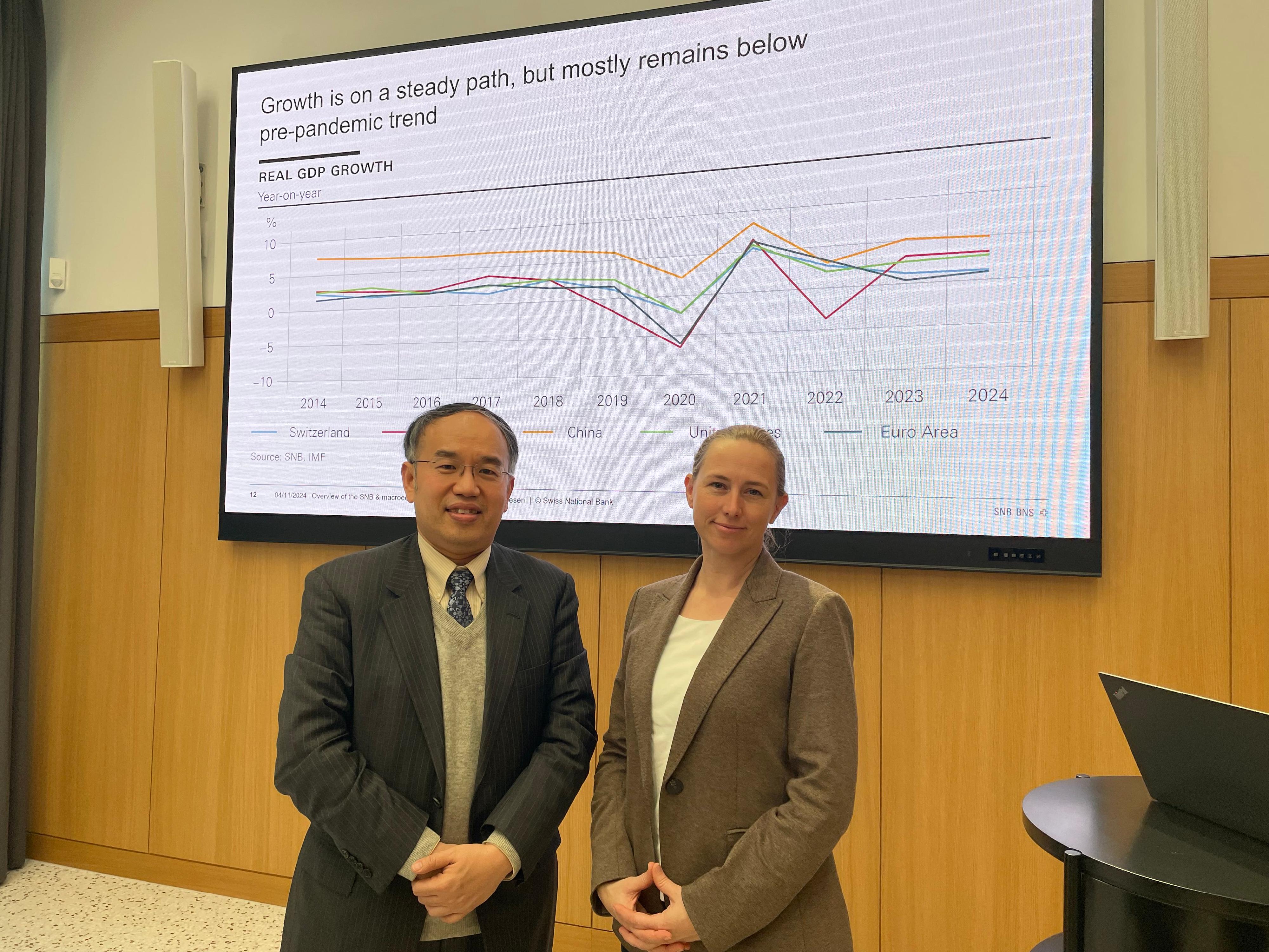 The Secretary for Financial Services and the Treasury, Mr Christopher Hui, started his visit to Zurich, Switzerland, on November 4 (Zurich time). Photo shows Mr Hui (left) meeting with the Head of Bilateral Cooperation, Swiss National Bank, Ms Lena Lee Andresen (right).