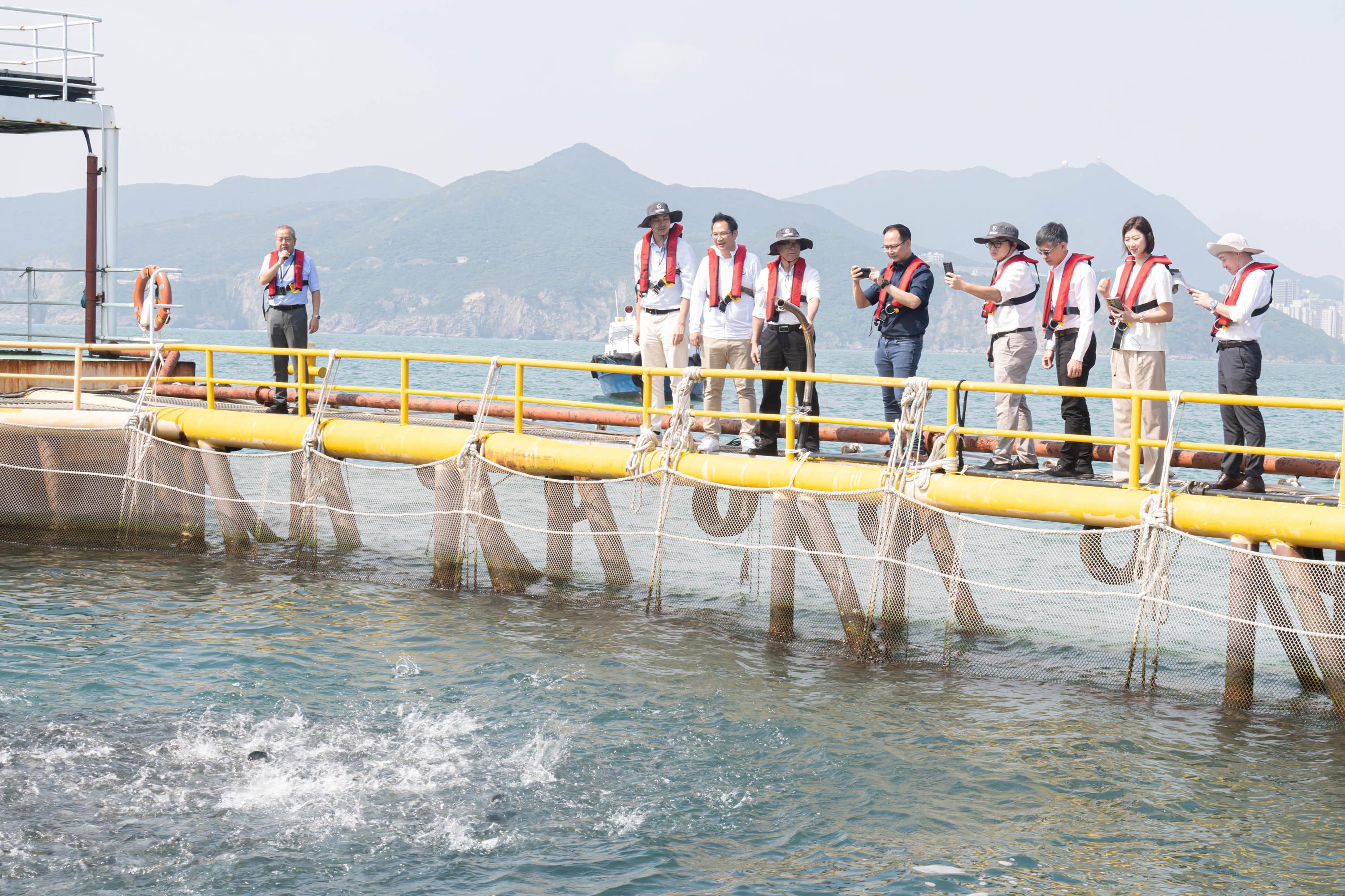 The Legislative Council (LegCo) Panel on Food Safety and Environmental Hygiene visited a modern mariculture demonstration farm established by the Agriculture, Fisheries and Conservation Department at the Tung Lung Chau fish culture zone today (November 5). Photo shows LegCo Members observing the operation of the demonstration farm.
