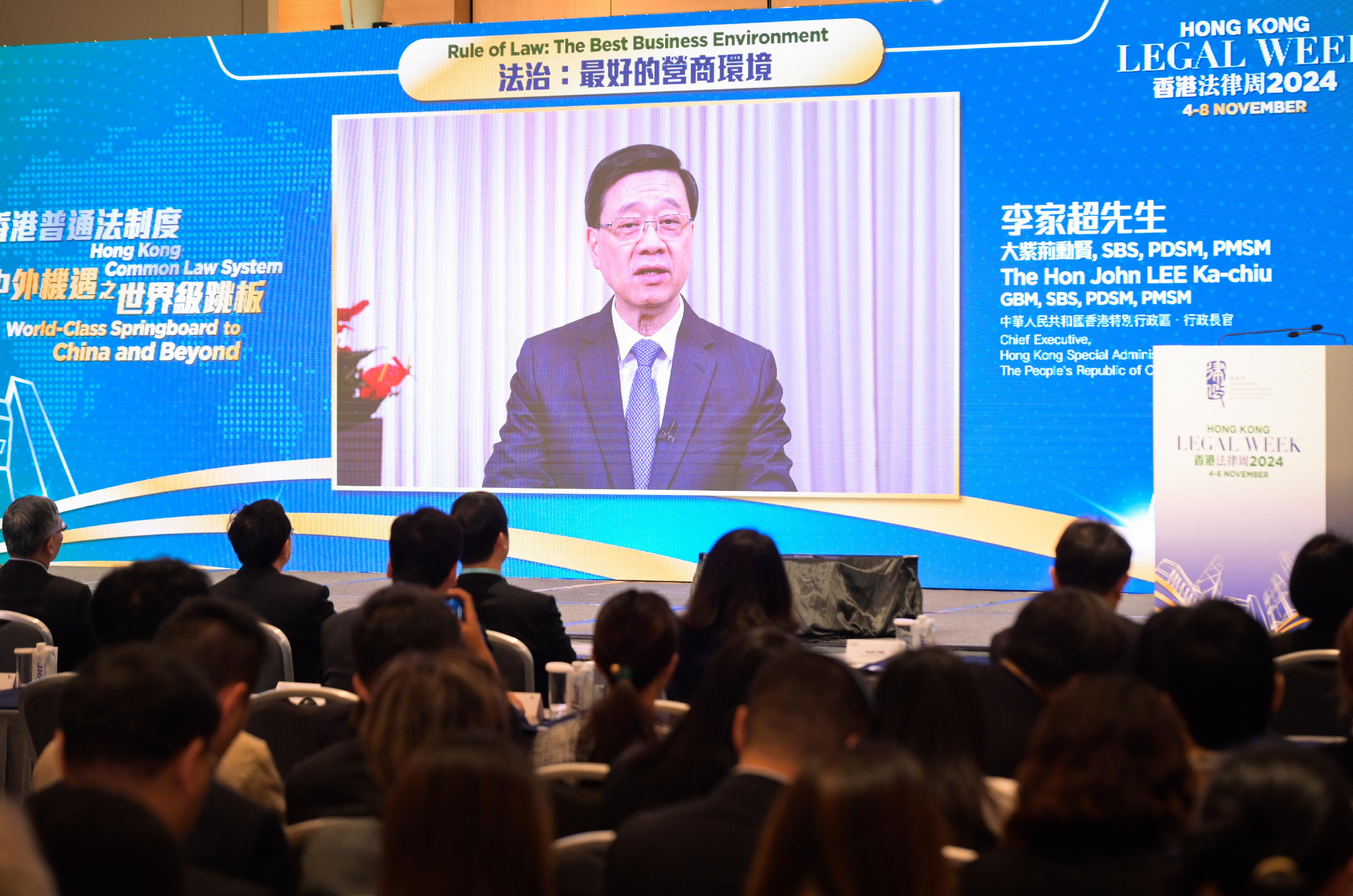 The Rule of Law: The Best Business Environment event was held today (November 8) as the finale of Hong Kong Legal Week 2024. Photo shows the Chief Executive, Mr John Lee, delivering his opening remarks by video.

