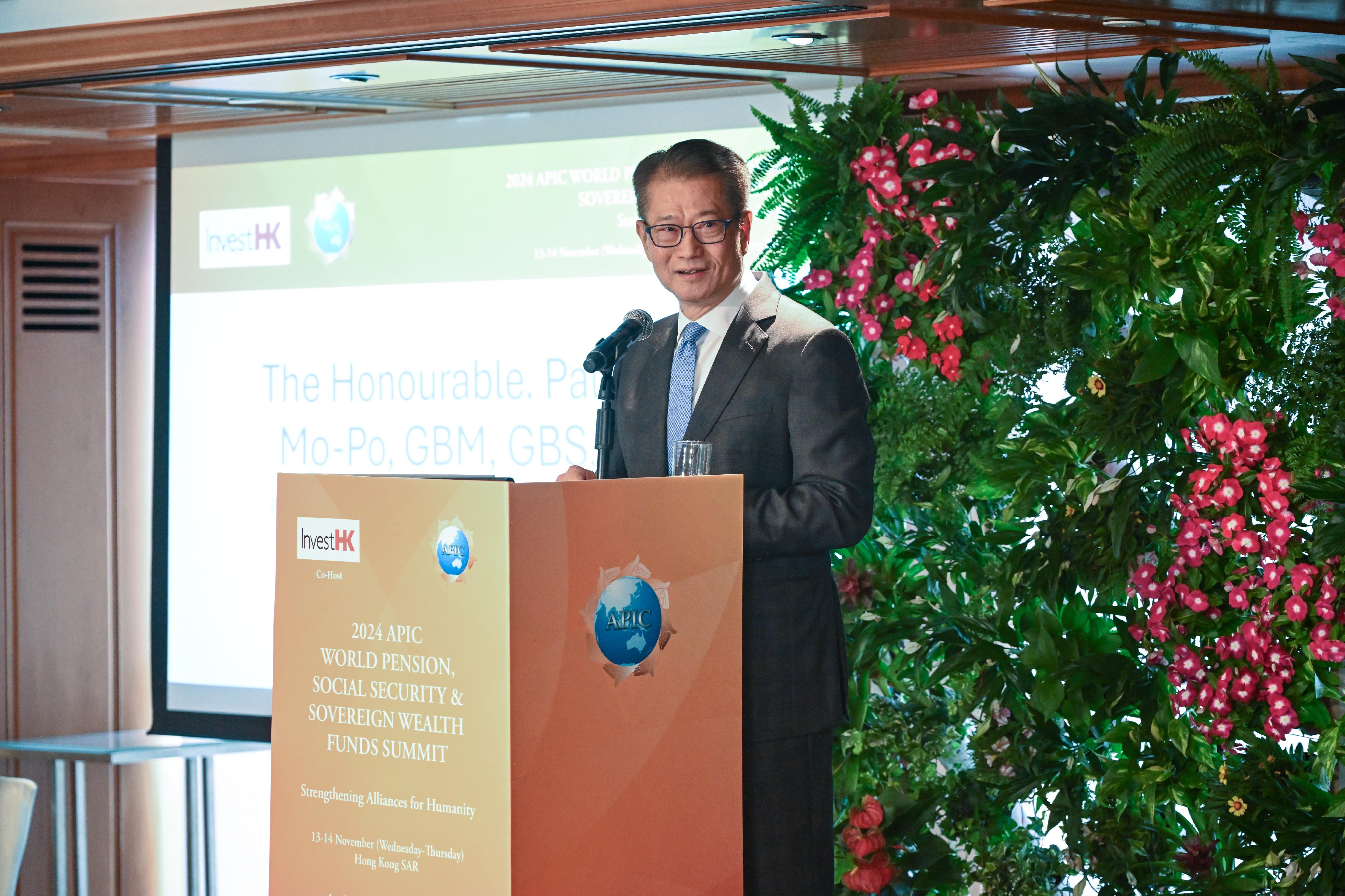 The Financial Secretary, Mr Paul Chan, speaks at the 2024 Asia Pacific Investors Cooperation World Pension, Social Security and Sovereign Wealth Funds Summit today (November 13).