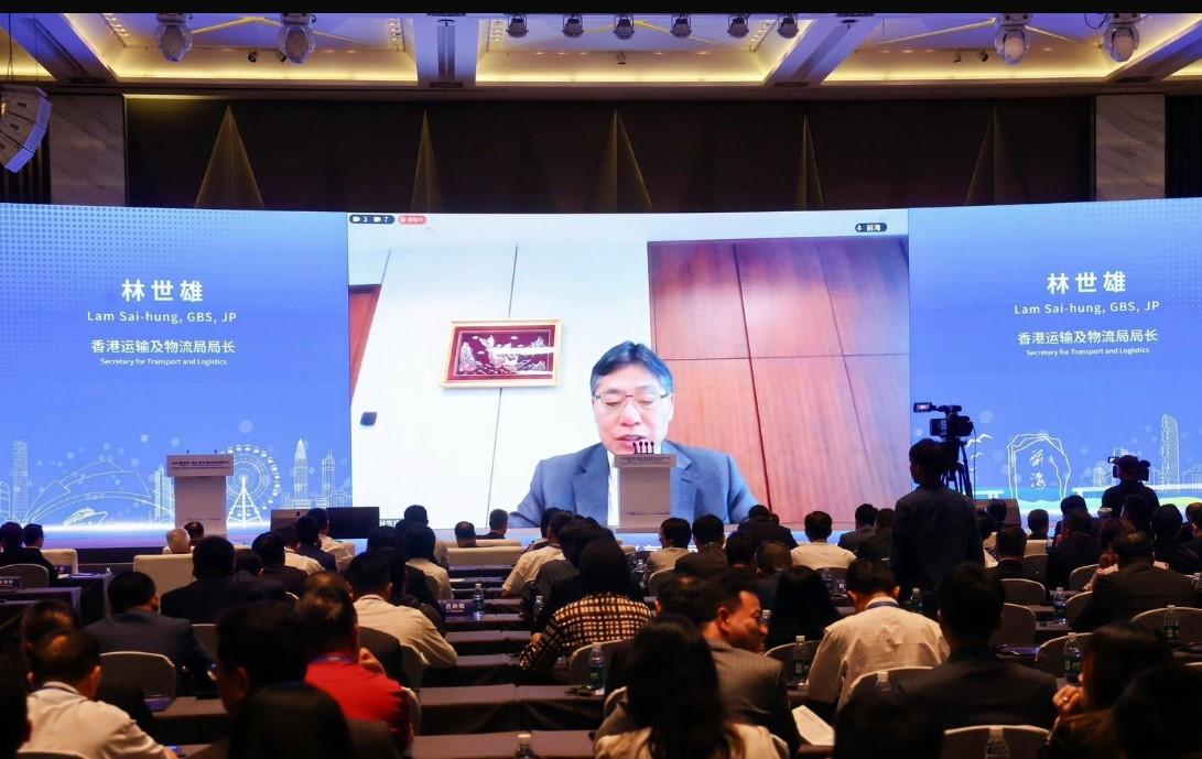 The Secretary for Transport and Logistics, Mr Lam Sai-hung, delivers a speech through videoconferencing at the 2024 Greater Bay Maritime Development Conference today (November 14).