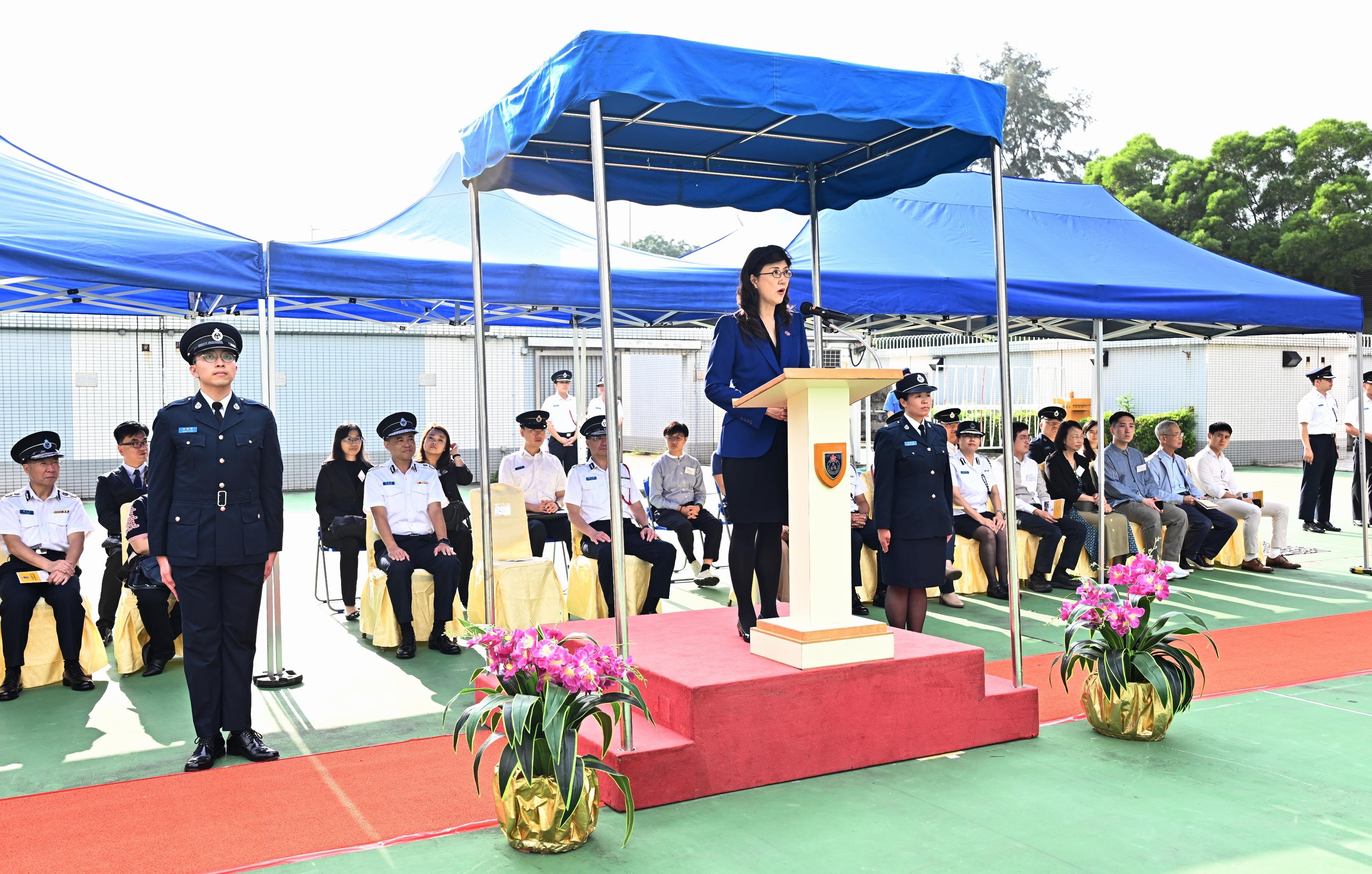 The Chairman of the Agency for Volunteer Service, Ms Melissa Pang, delivers a speech at the 144th New Cadets Passing-out Parade of the Civil Aid Service Cadet Corps today (November 16).