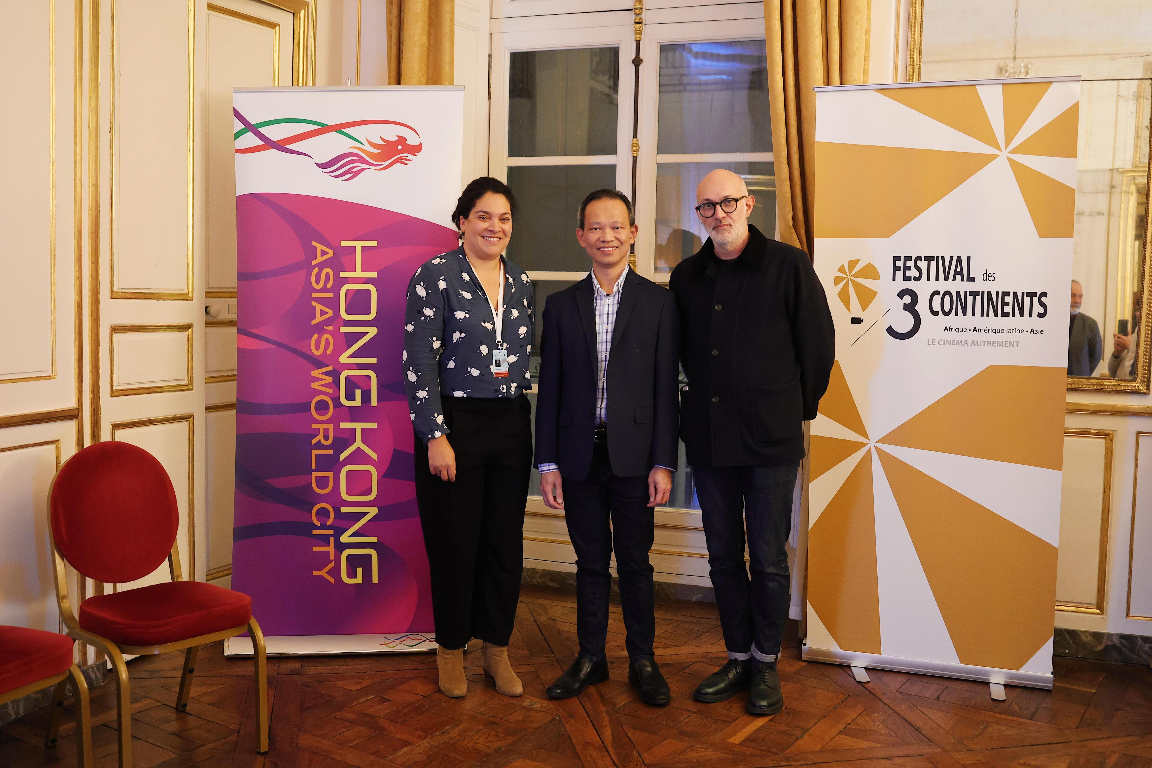 The Hong Kong Economic and Trade Office in Brussels (HKETO, Brussels) is supporting the participation of Hong Kong films at the 46th Festival des 3 Continents being held in Nantes, France, from November 15 to 23. Photo shows (from left) the President of the 3 Continents Association, Ms Anne-Laure Joséphine; Assistant Representative of HKETO Brussels Mr Paul Leung; and the Artistic Director of the Festival des 3 Continents, Jérôme Baron, at the Hong Kong reception of the Festival des 3 Continents on November 20, 2024 (Nantes time).