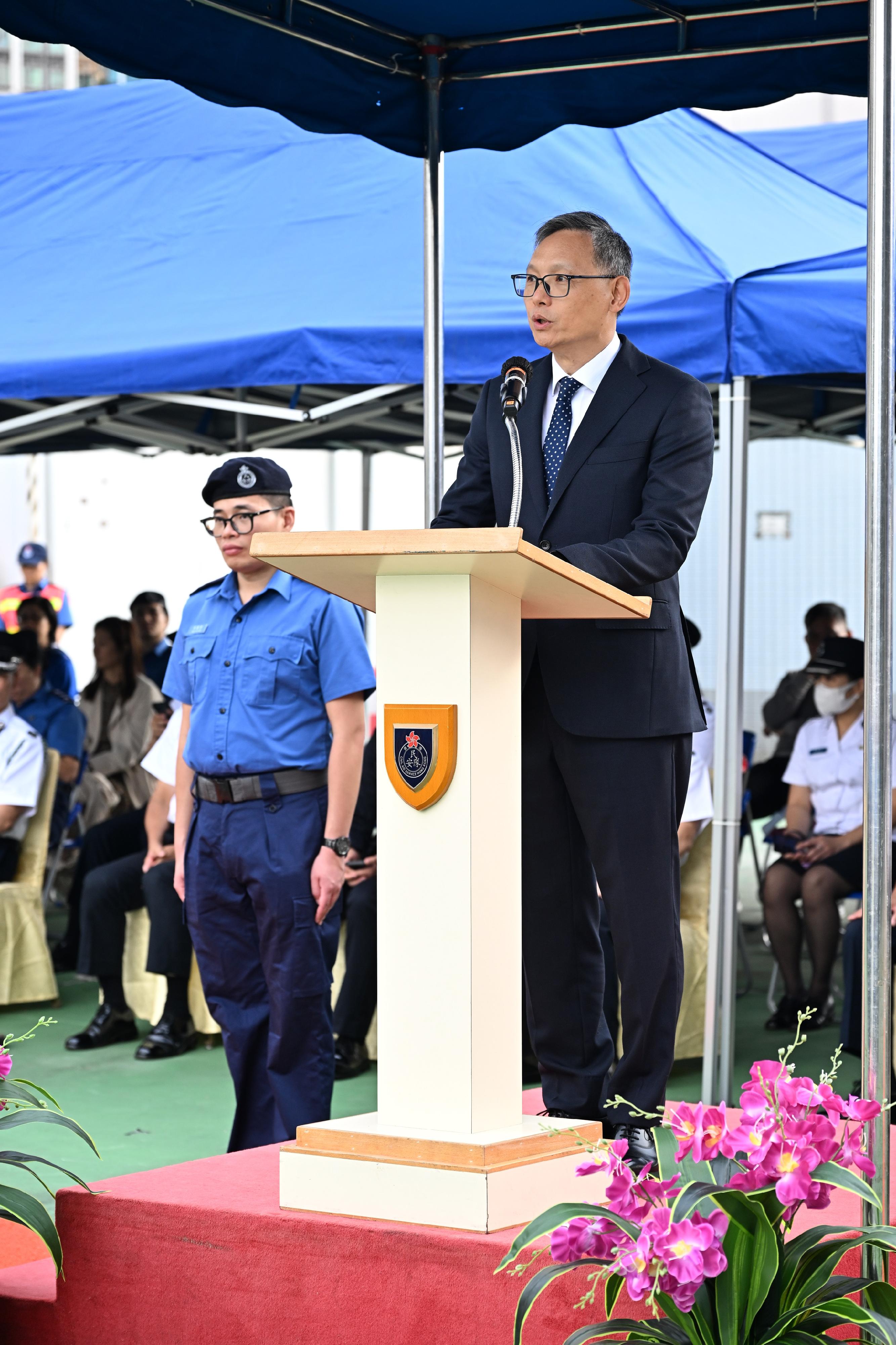 The Civil Aid Service held the Foot Drill Competition 2024 today (November 24). Photo shows the Under Secretary for Security, Mr Michael Cheuk, delivering a speech.