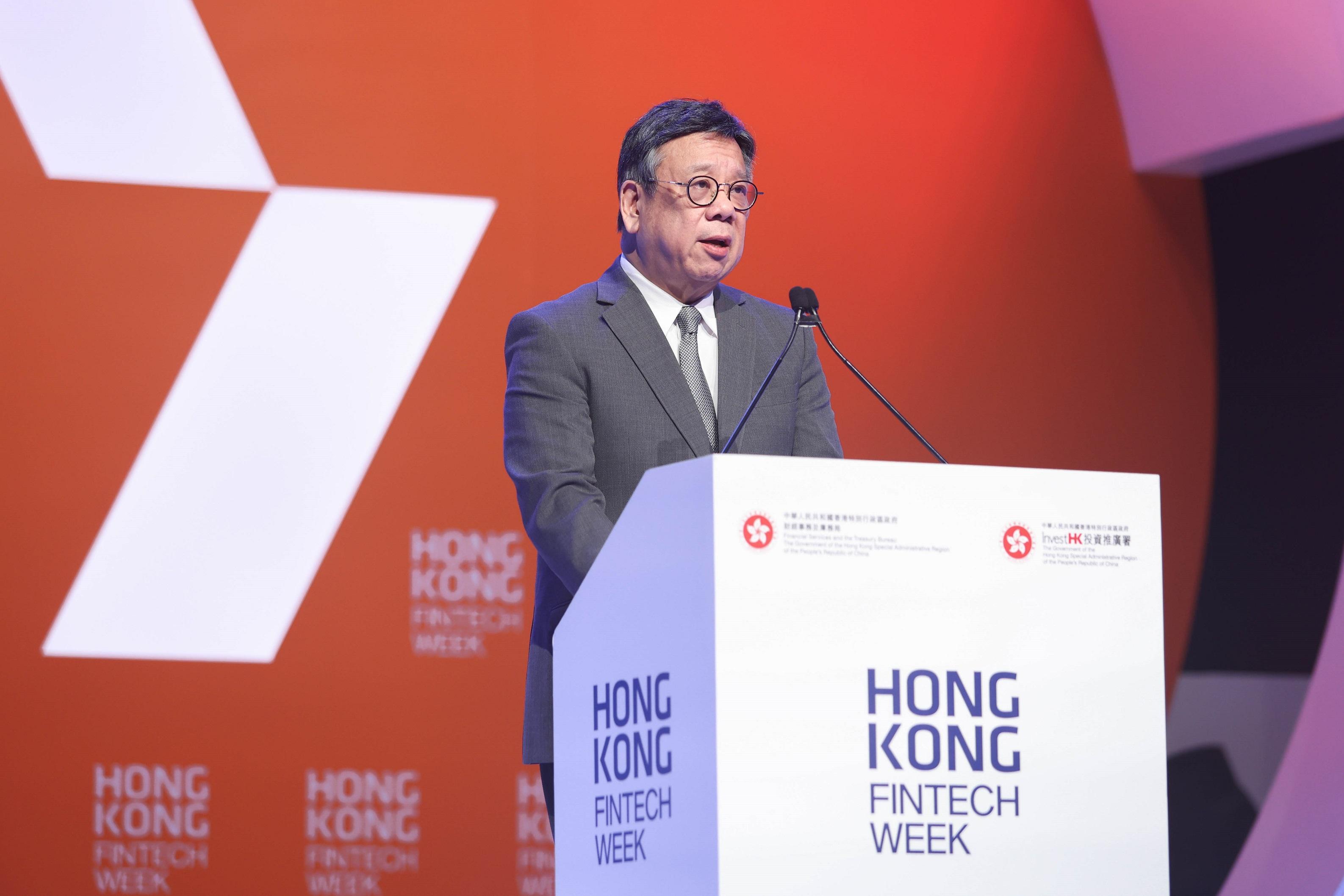 Photo shows the Secretary for Commerce and Economic Development, Mr Algernon Yau, delivering a keynote address at the main conference on October 29 of Hong Kong FinTech Week 2024.