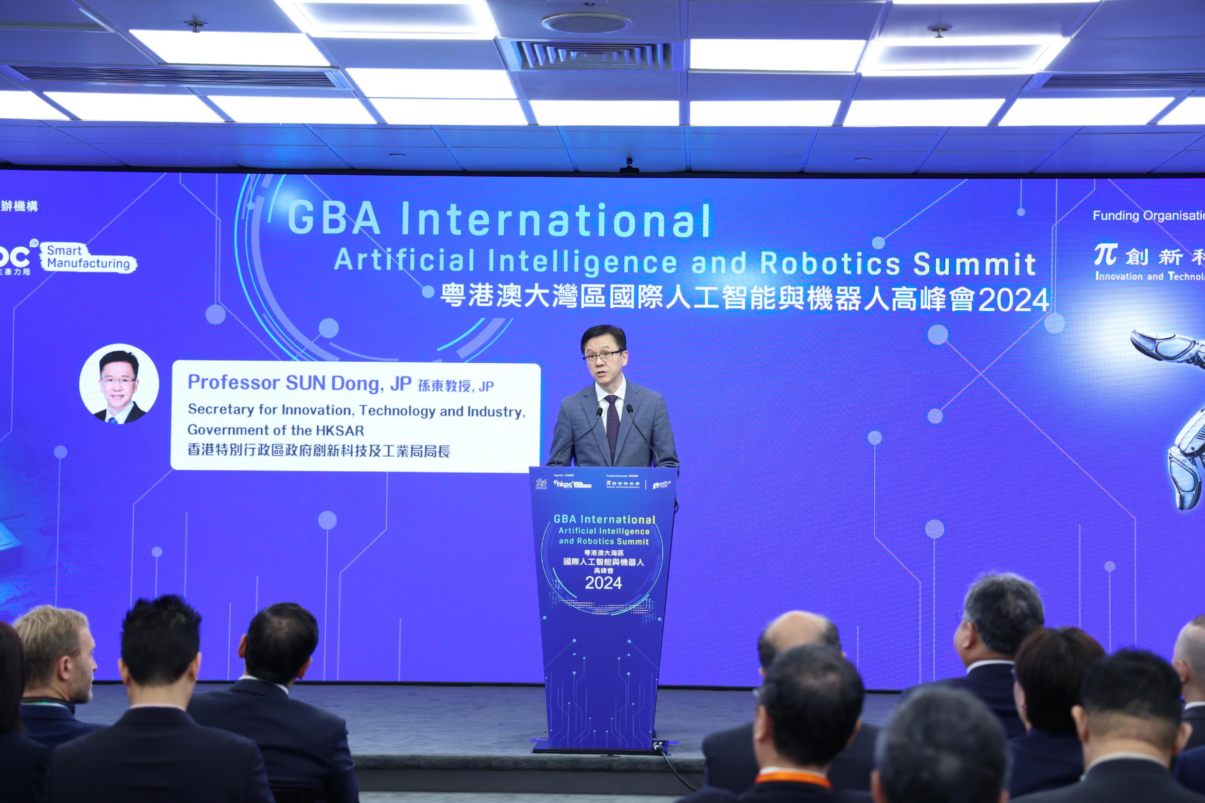 The Secretary for Innovation, Technology and Industry, Professor Sun Dong, addresses the GBA International Artificial Intelligence and Robotics Summit 2024 today (November 26).