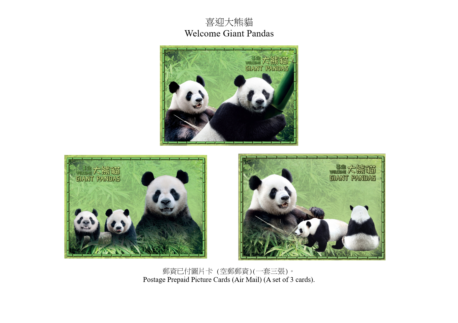 Hongkong Post will launch a special stamp issue and associated philatelic products on the theme of "Welcome Giant Pandas" on December 12 (Thursday). Photos show the postage prepaid picture cards (air mail).