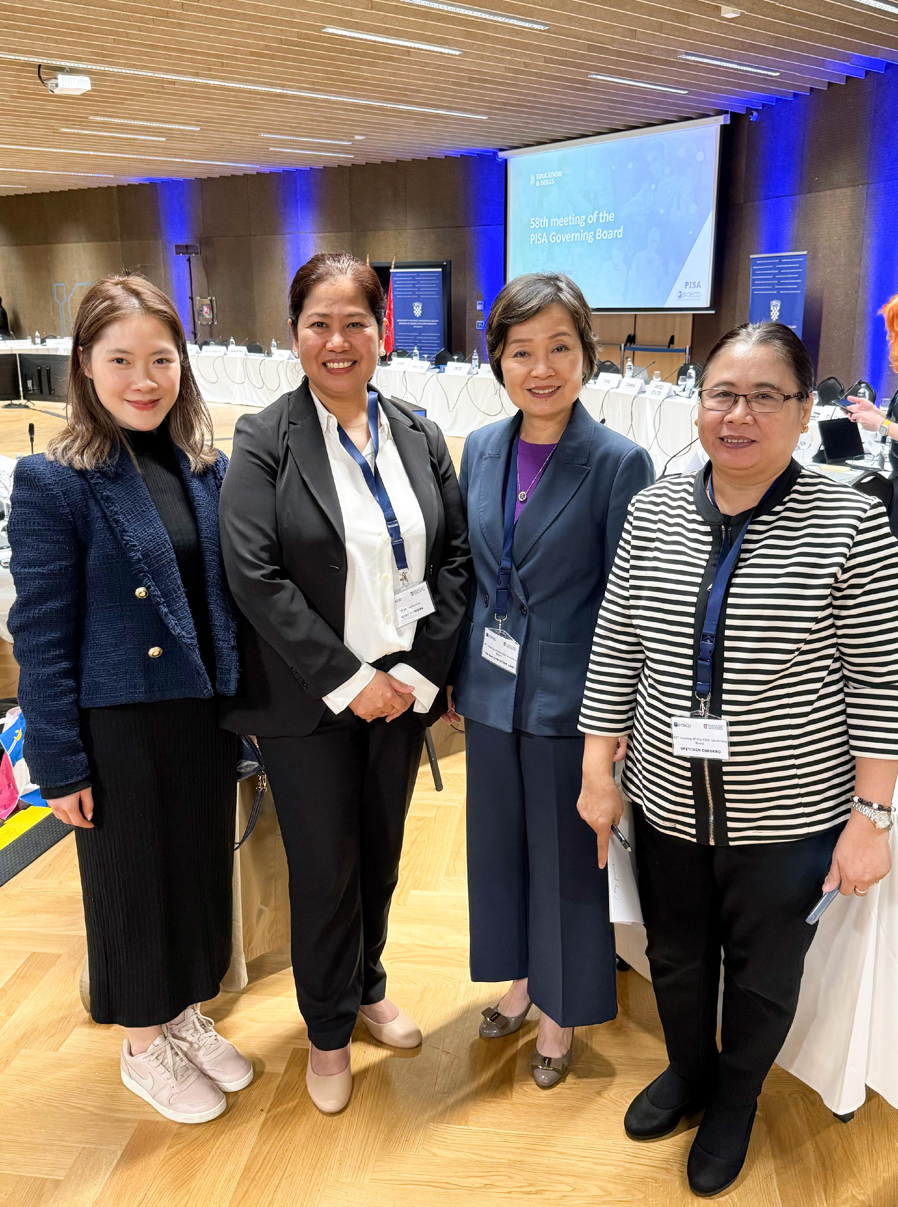 The Secretary for Education, Dr Choi Yuk-lin, attended the Programme for International Student Assessment Governing Board Meeting organised by the Organisation for Economic Co-operation and Development in Dubrovnik, Croatia, on November 27 (Dubrovnik time). Photo shows Dr Choi (second right) and the Undersecretary for Curriculum and Teaching of the Department of Education in the Philippines, Dr Gina Gonong (second left).