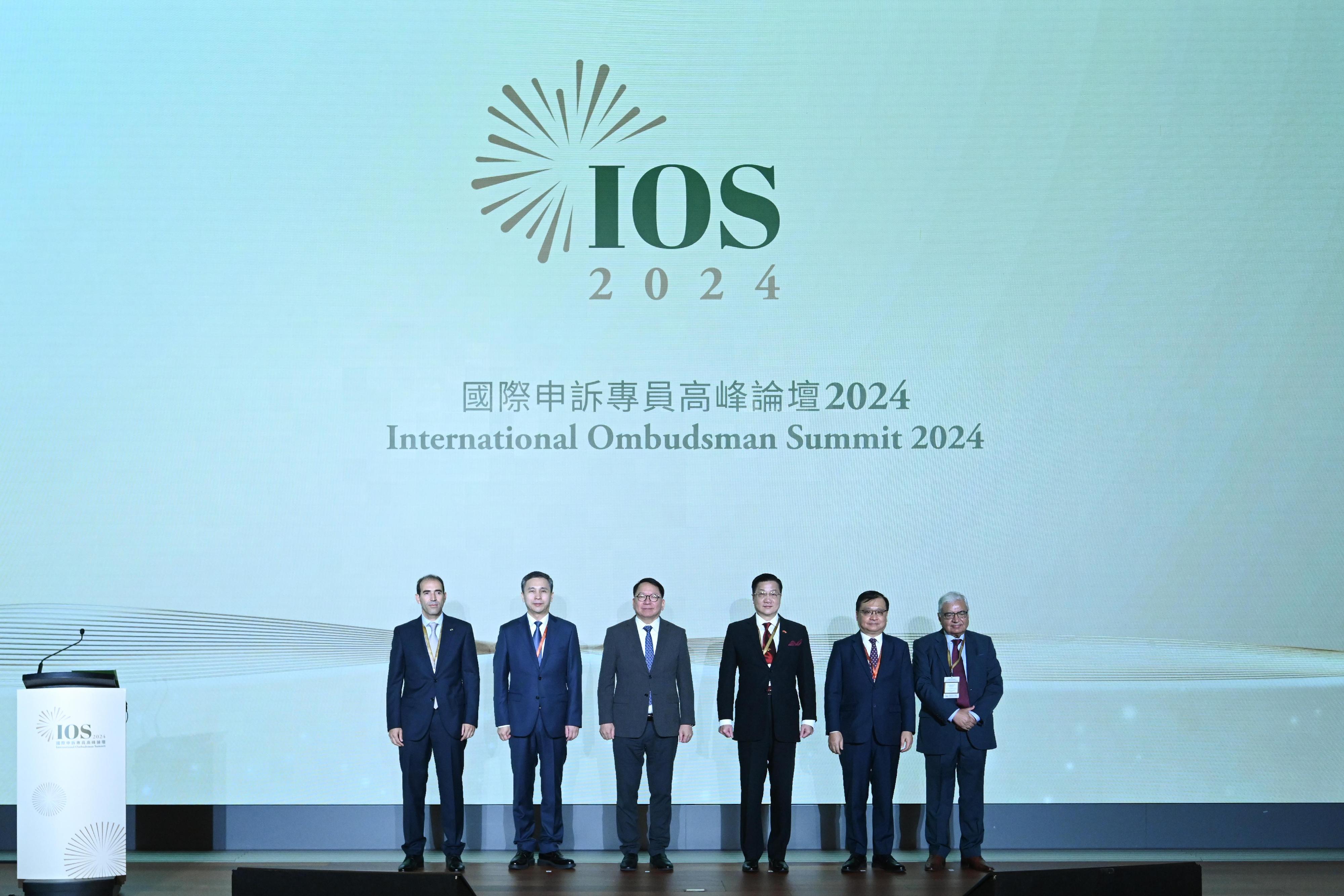 The Chief Secretary for Administration, Mr Chan Kwok-ki, attended the International Ombudsman Summit 2024 today (December 3). Photo shows (from left) the First Vice President of the International Ombudsman Institute, Mr Mohamed Benalilou; the Director-General of the Department of International Cooperation of the National Commission of Supervision of the People's Republic of China, Mr Cai Wei; Mr Chan; the Ombudsman, Mr Jack Chan; Deputy Commissioner of the Office of the Commissioner of the Ministry of Foreign Affairs of the People's Republic of China in the Hong Kong Special Administrative Region Mr Fang Jianming; and the President of the Asian Ombudsman Association, Mr Ejaz Ahmad Qureshi, at the summit.