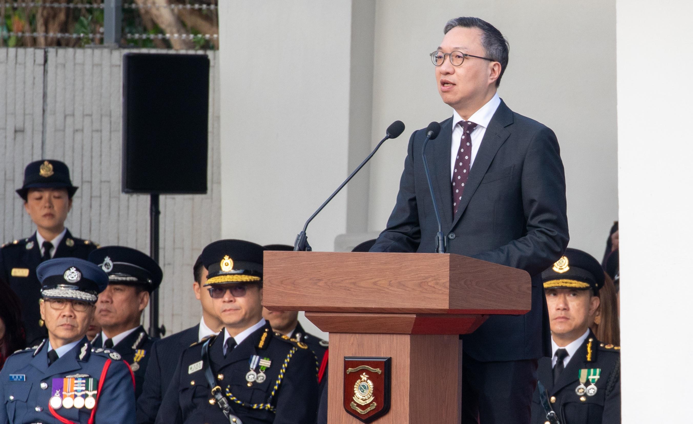 The Security Bureau today (December 4) held the Constitution Day Flag Raising Ceremony. Photo shows the Secretary for Justice, Mr Paul Lam, SC, addressing the flag raising ceremony.