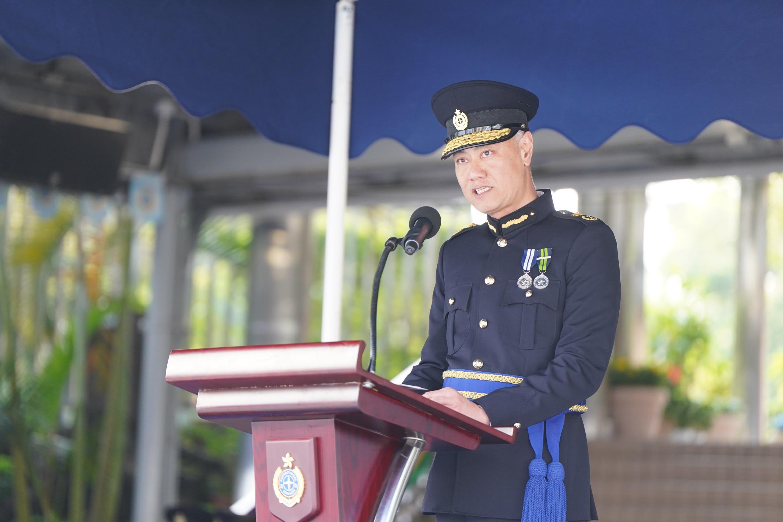 The Correctional Services Department held a passing-out parade at the Hong Kong Correctional Services Academy today (December 6). Photo shows the Deputy Commissioner of Correctional Services (Rehabilitation and Management), Dr Leung Kin-ip, delivering a speech.