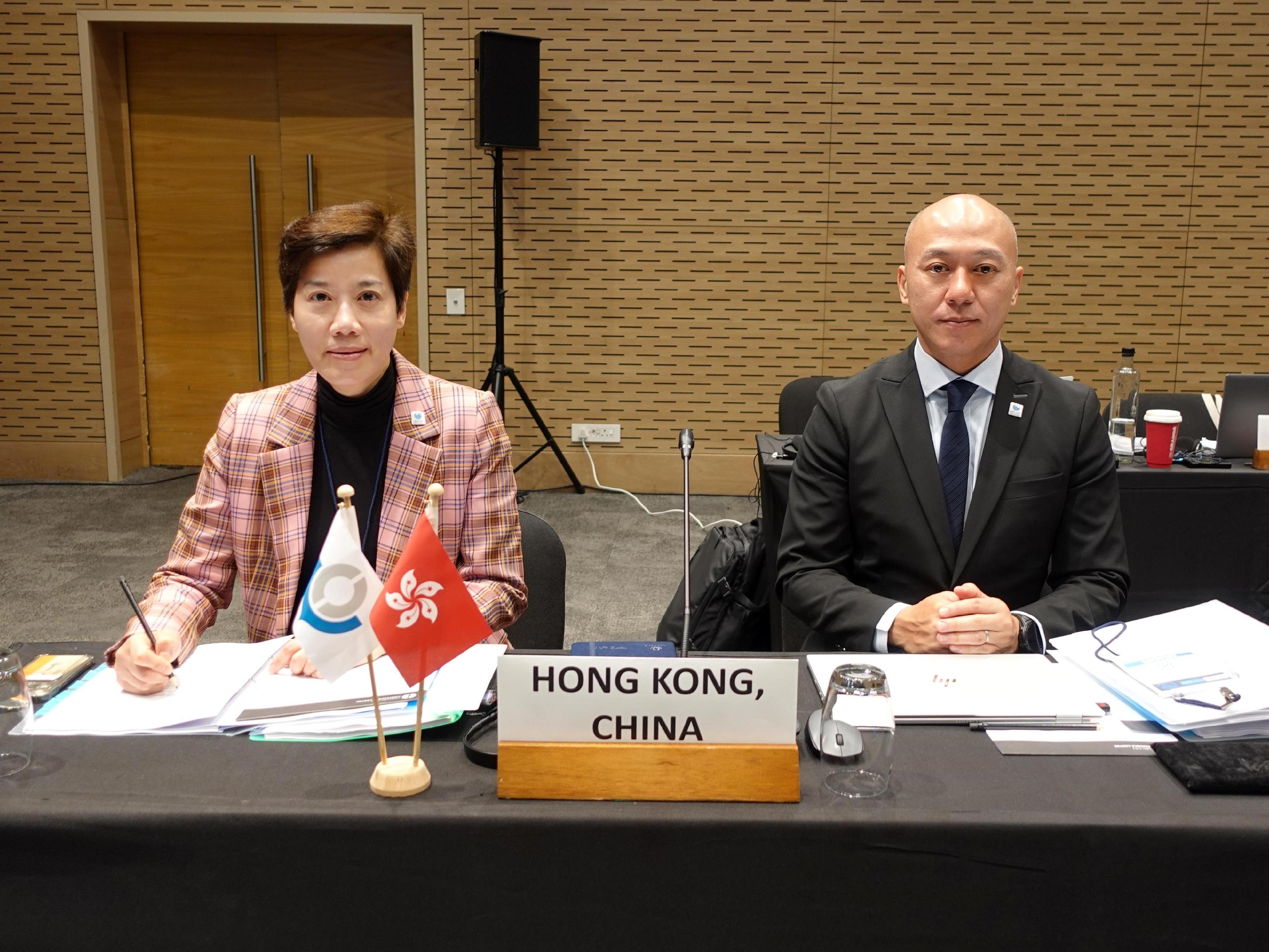 The Commissioner of Customs and Excise, Ms Louise Ho, from December 3 to 5 led a delegation to attend the 91st Session of the Policy Commission of the World Customs Organization in Cape Town, South Africa. Photo shows Ms Ho (left) and the Assistant Commissioner (World Customs Organization) of Customs and Excise, Mr Li Kin-kei (right) attending the meeting.