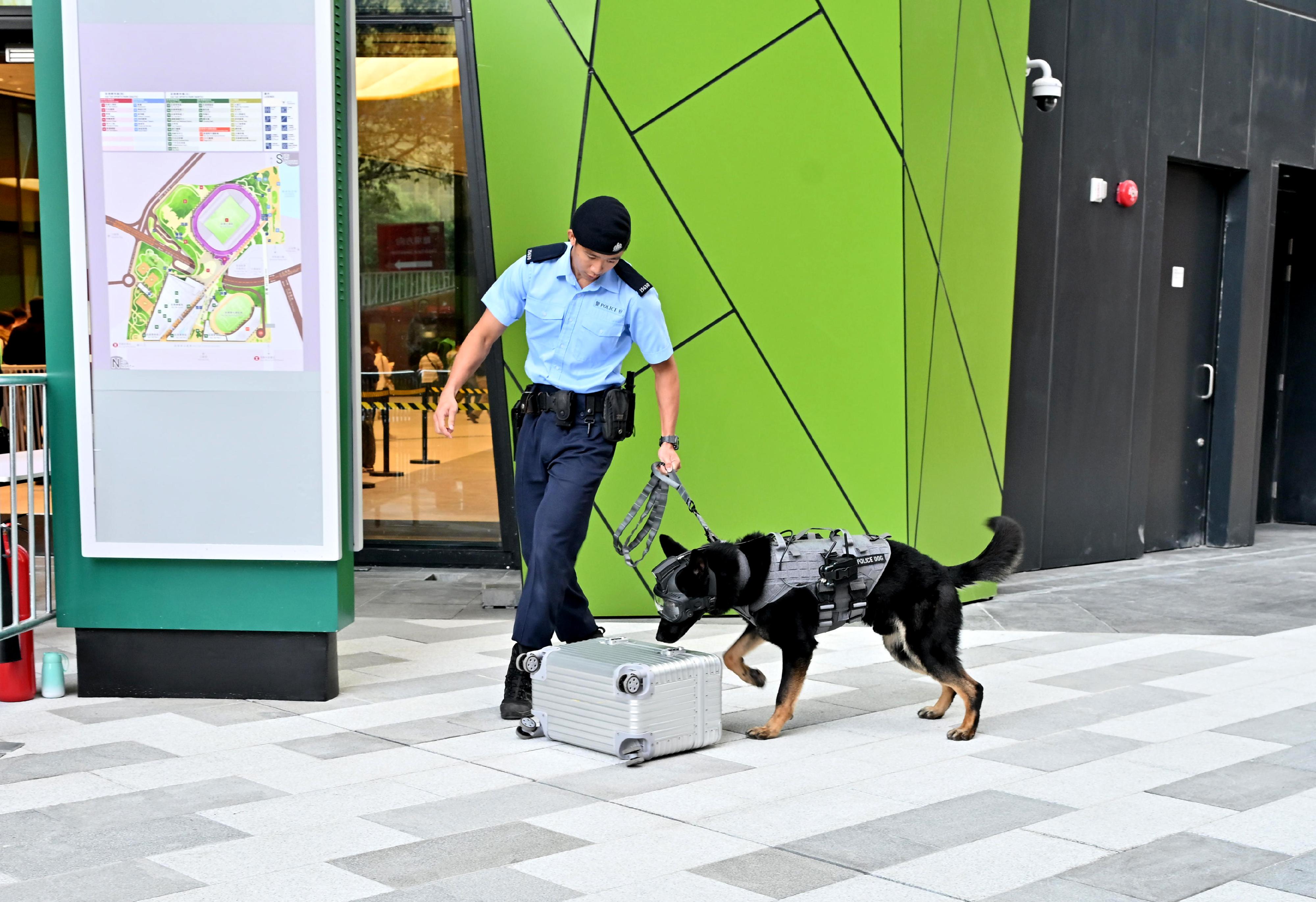 The second stress test was conducted at Kai Tak Sports Park today (December 8). Photo shows a simulation of suspicious baggage found at the public entrance of Kai Tak Arena, with the Police Dog Unit deployed to conduct a search.