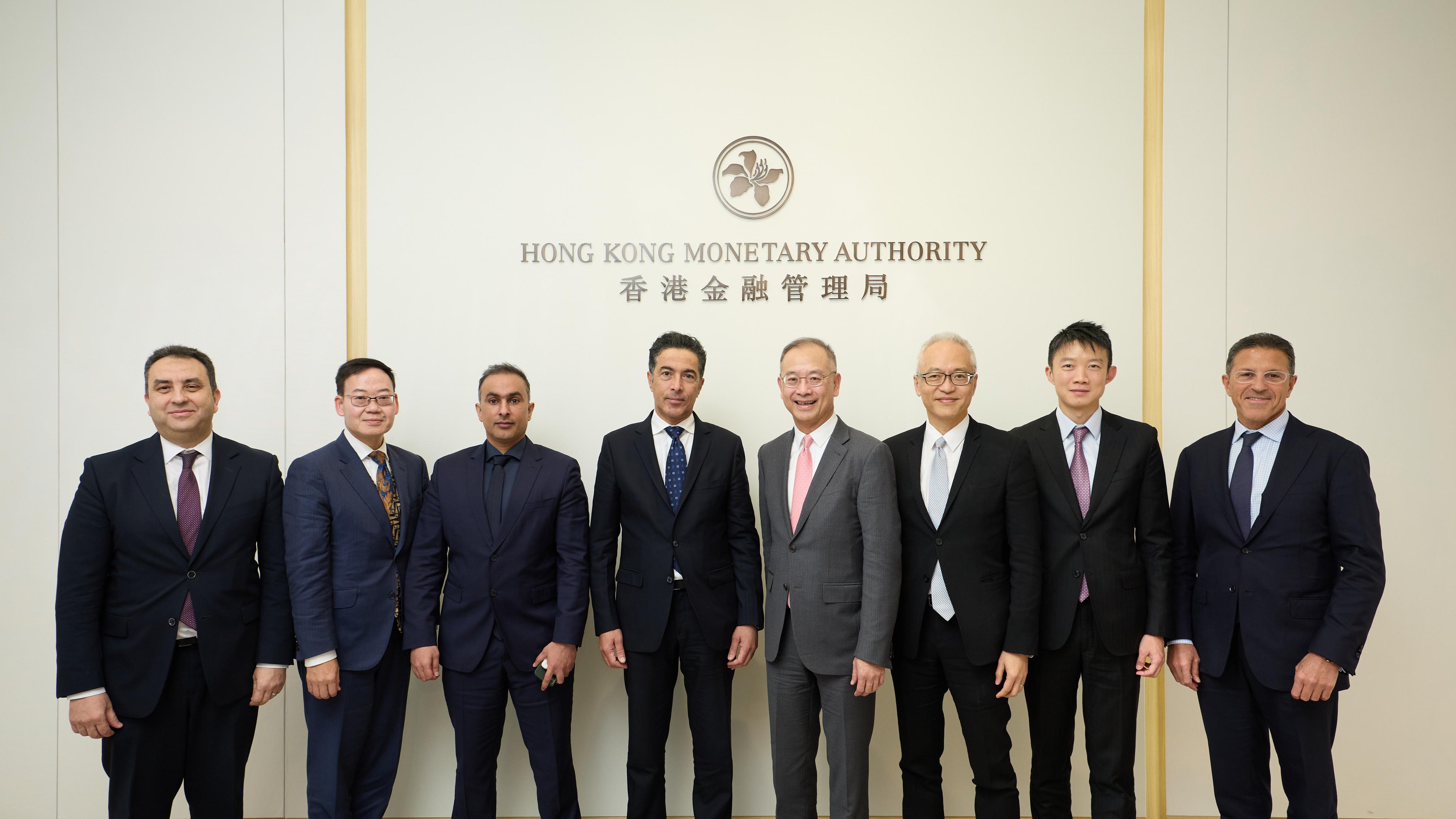 The Chief Executive of the Hong Kong Monetary Authority, Mr Eddie Yue (fourth right), and the Governor of the Central Bank of the United Arab Emirates, H.E. Khaled Mohamed Balama (fourth left), conduct a bilateral meeting today (December 20) to strengthen financial market co-operation between the two jurisdictions.