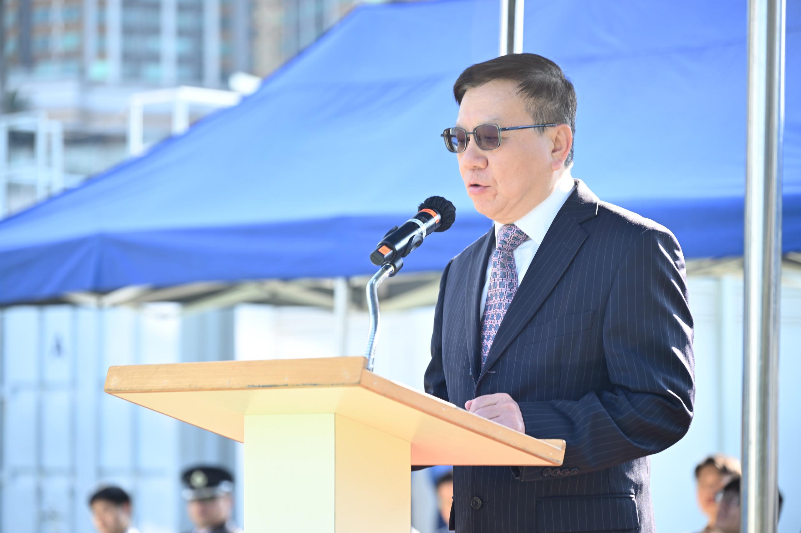 The Associate Co-Director of the Academy for Applied Policy Studies and Education Futures and Director of National Security and the Legal Education Research Centre, Professor Gu Minkang, delivers a speech at the 145th New Cadets Passing-out Parade of the Civil Aid Service Cadet Corps today (December 21).