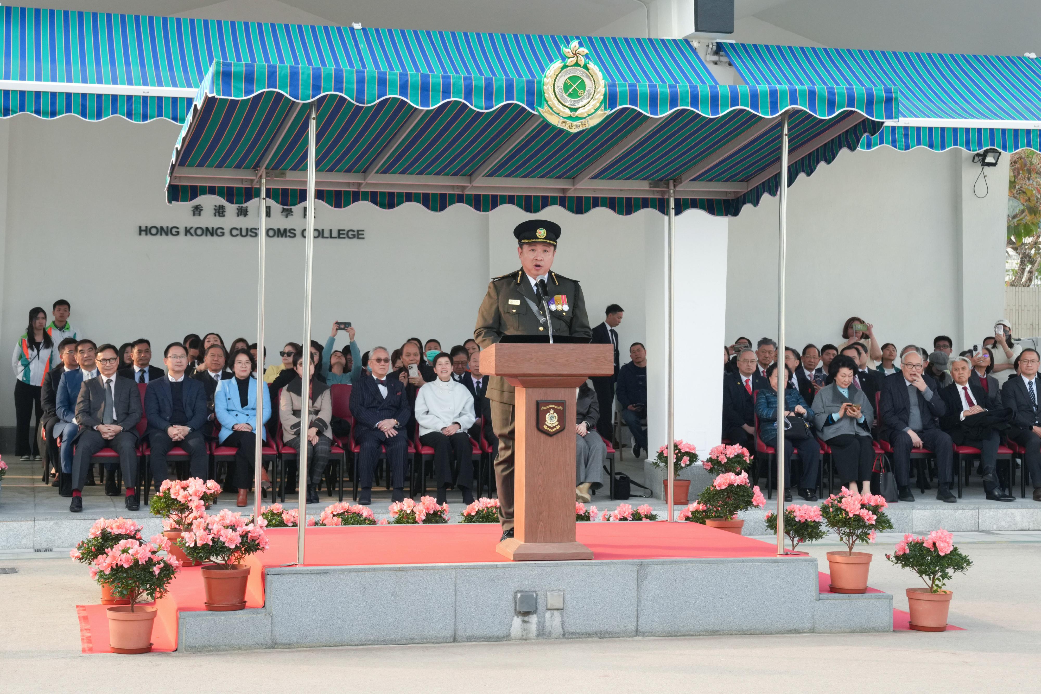 Hong Kong Customs held a graduation parade for the Customs Youth Leader Corps Winter Training Camp 2024 and "YES Buddy" AI Robot Launching Ceremony at the Hong Kong Customs College today (December 27). Photo shows the Executive Director of the Executive Committee of Customs YES, Dr Eugene Chan, delivering a speech at the graduation parade.